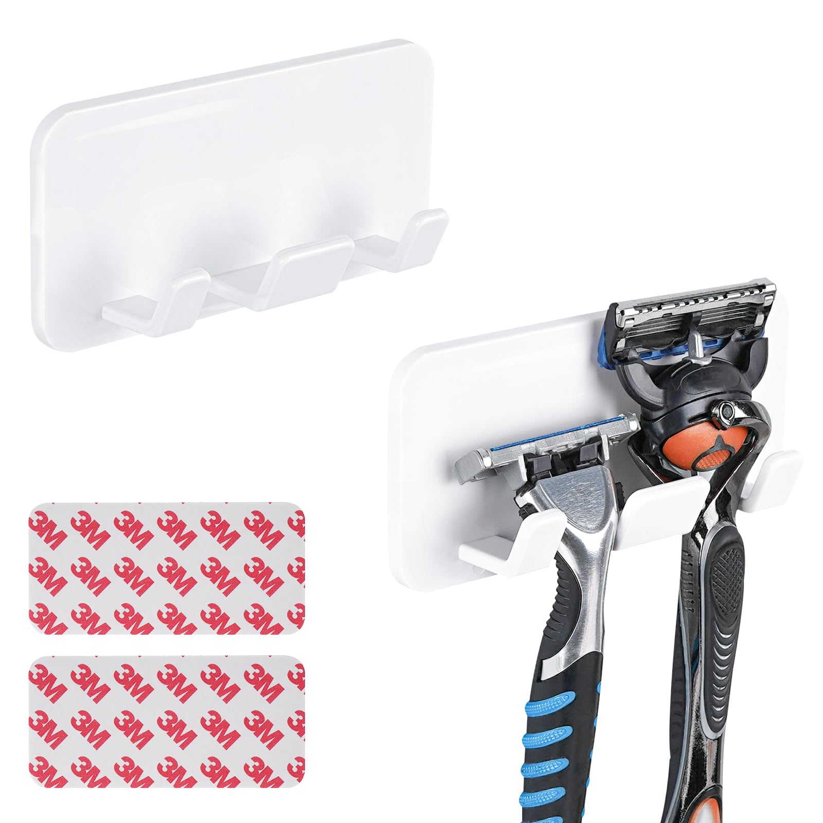 2 Pack Plastic Shower Wall Razor Stand, Shaver Holder with Self Adhesive, Compatible with Gillette Fusion 5 Power, ProGlide Shield Power, Dorco (White)