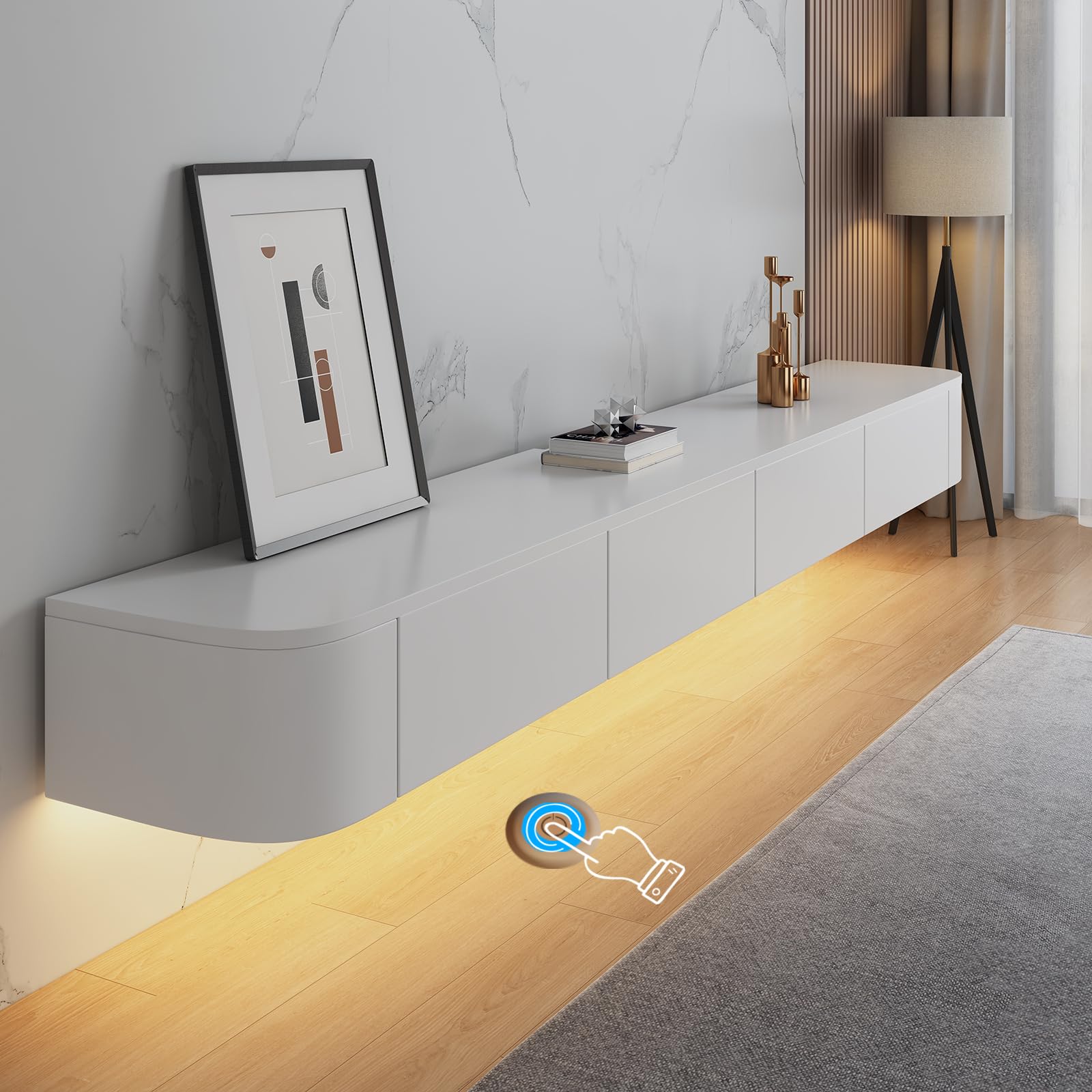 Supporto TV a parete, mensole a parete con porta, console multimediale, mobile TV a parete, grande panca portaoggetti sotto la televisione (bianco + LED, 220 cm)