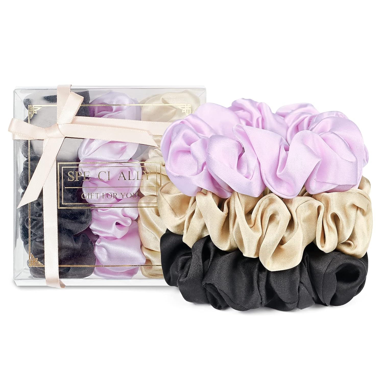 Big Silk Scrunchies Hair Ties for Women - CEELGON Large Satin Silk Scrunchie Soft Cute Hair Scrunchy for Curl Thin Hair 3 Pack (Black,Pink,Champagne)