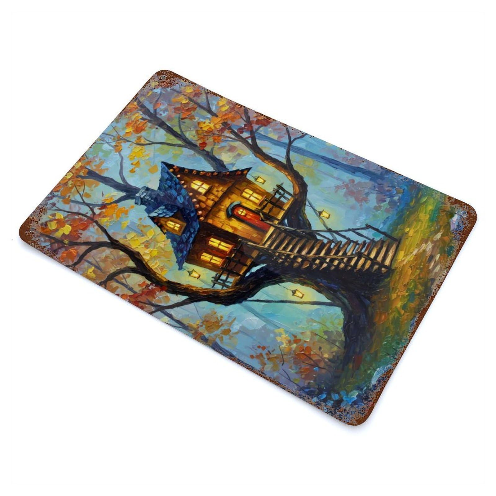 Enchanted Treehouse 11.8"x7.9" Rust Effect Tin Sign, Industrial Home Decor for Living Room, Hallway And Home Decor