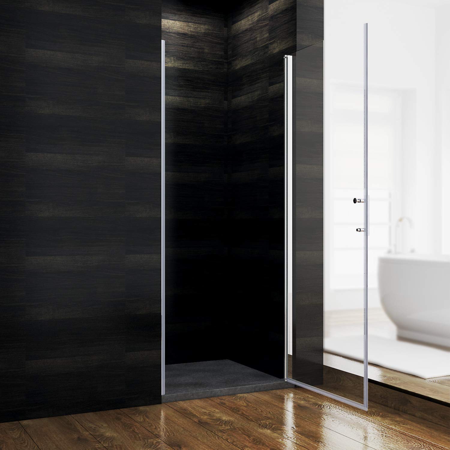 SONNI Pendeltür für Nische mit 5 mm ESG-Nano, Duschtür, Silber, 90x185 cm | ESG-Nano-Glas, Hebe-Senk-Pivotsystem, Edelstahl-H-Griff, rahmenlos, nach außen öffnend, beidseitig montierbar