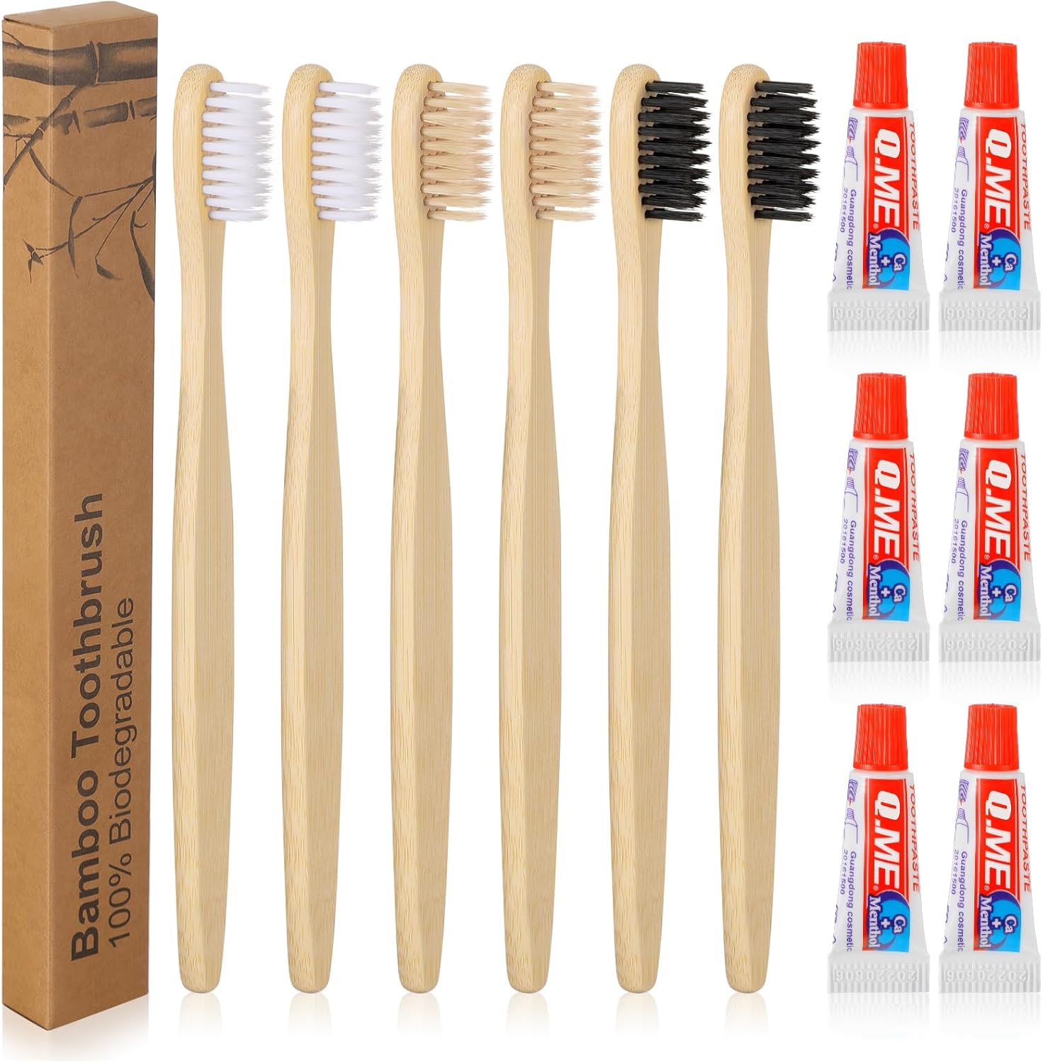 Hestya Set of 6 Bamboo Toothbrushes and Toothpaste Individually Packed