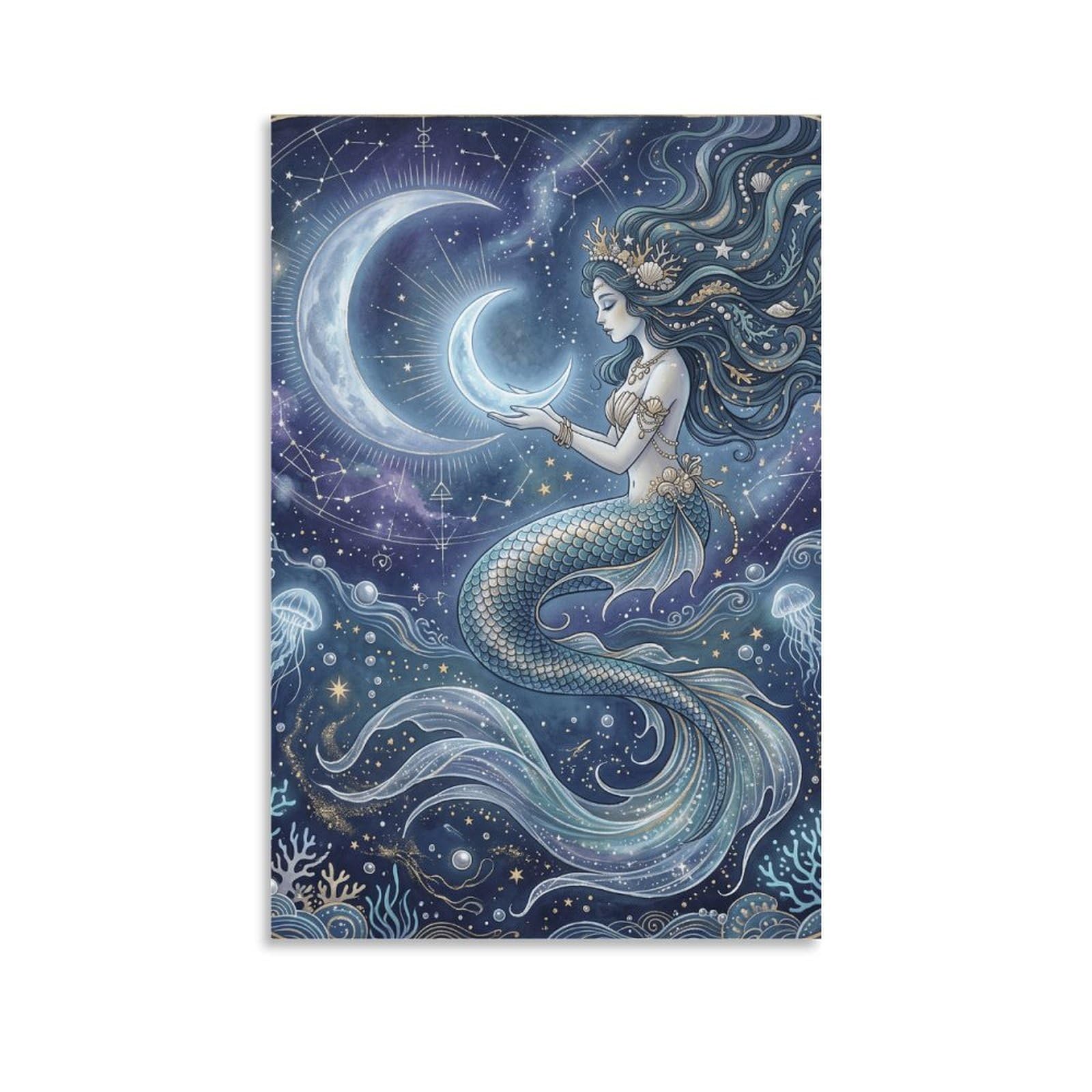 W7C8U2X3 Crescent Moon Mermaid Canvas Wall Art, Celestial Mermaid Wall Art