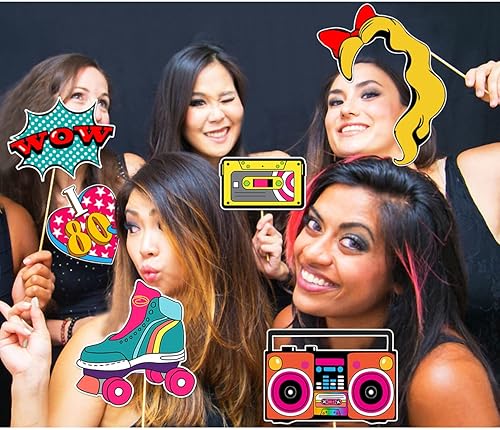 Miniatura 5 de LUOEM 21 piezas de accesorios para cabina de fotos de los años 80, divertidos accesorios de fotos para fiesta de cumpleaños con palos de madera,