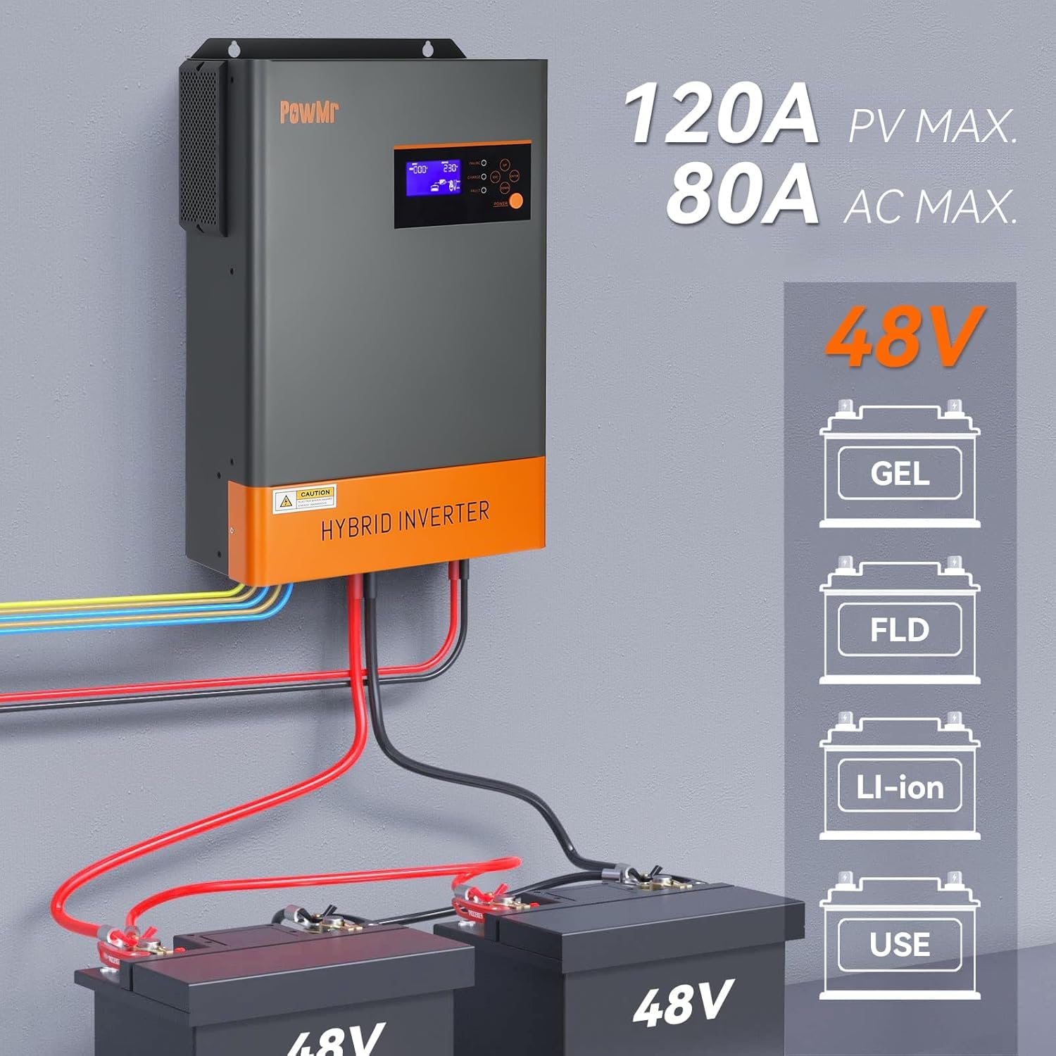PowMr 6200W Hybrid Wechselrichter MPPT 48V DC zu 220V/230V AC Solar Wechselrichter mit MPPT 120A Laderegler Unterstützung bis zu 12 Geräte parallel, für Bleisäure/Lithium Batterien oder ohne Batterie