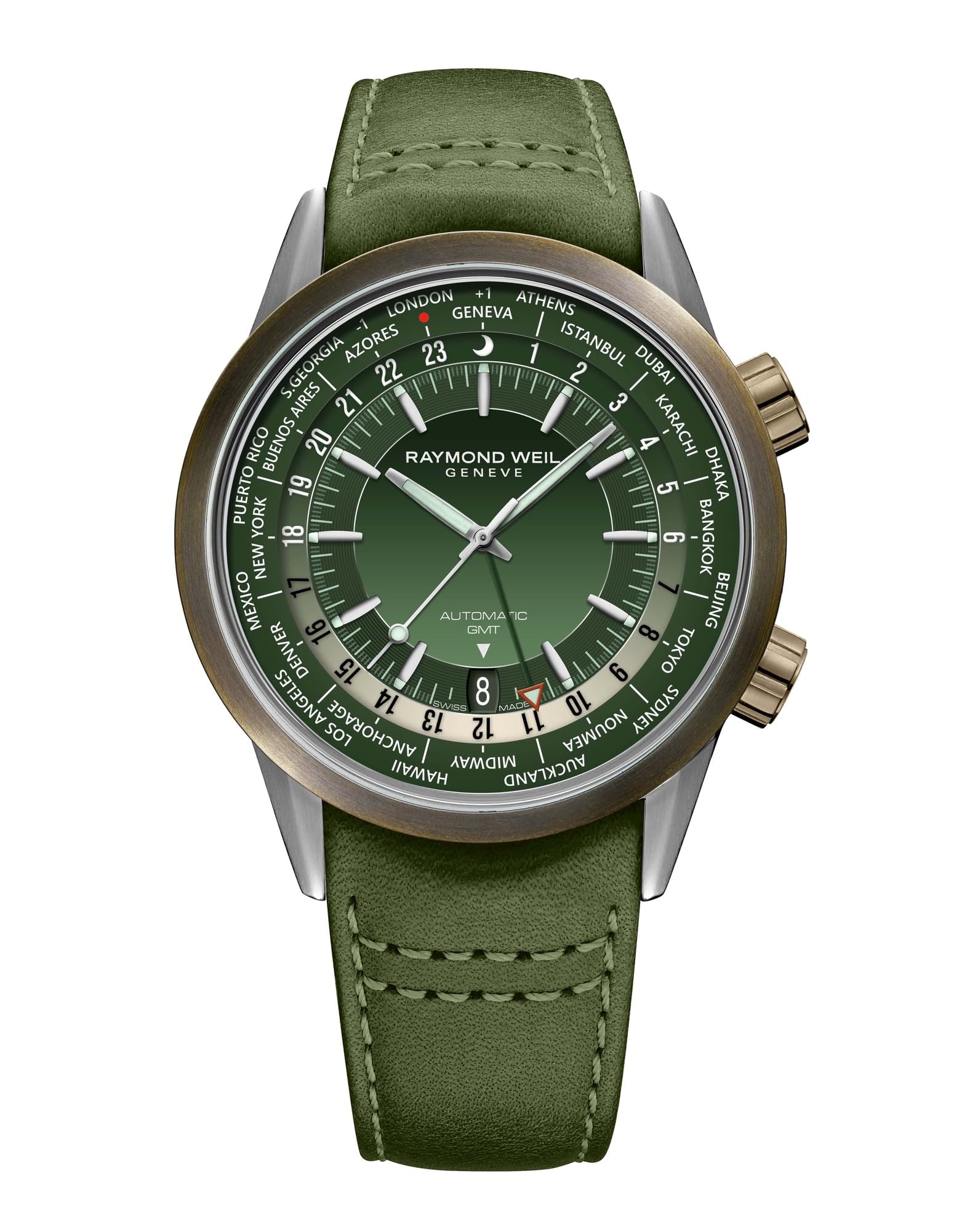 Freelancer GMT Worldtimer Men's Watch, 24 Cities and Time Zones, Green Dial, Indexes, Green Leather Watch, 41mm (Model: 2765-SBC-52001)
