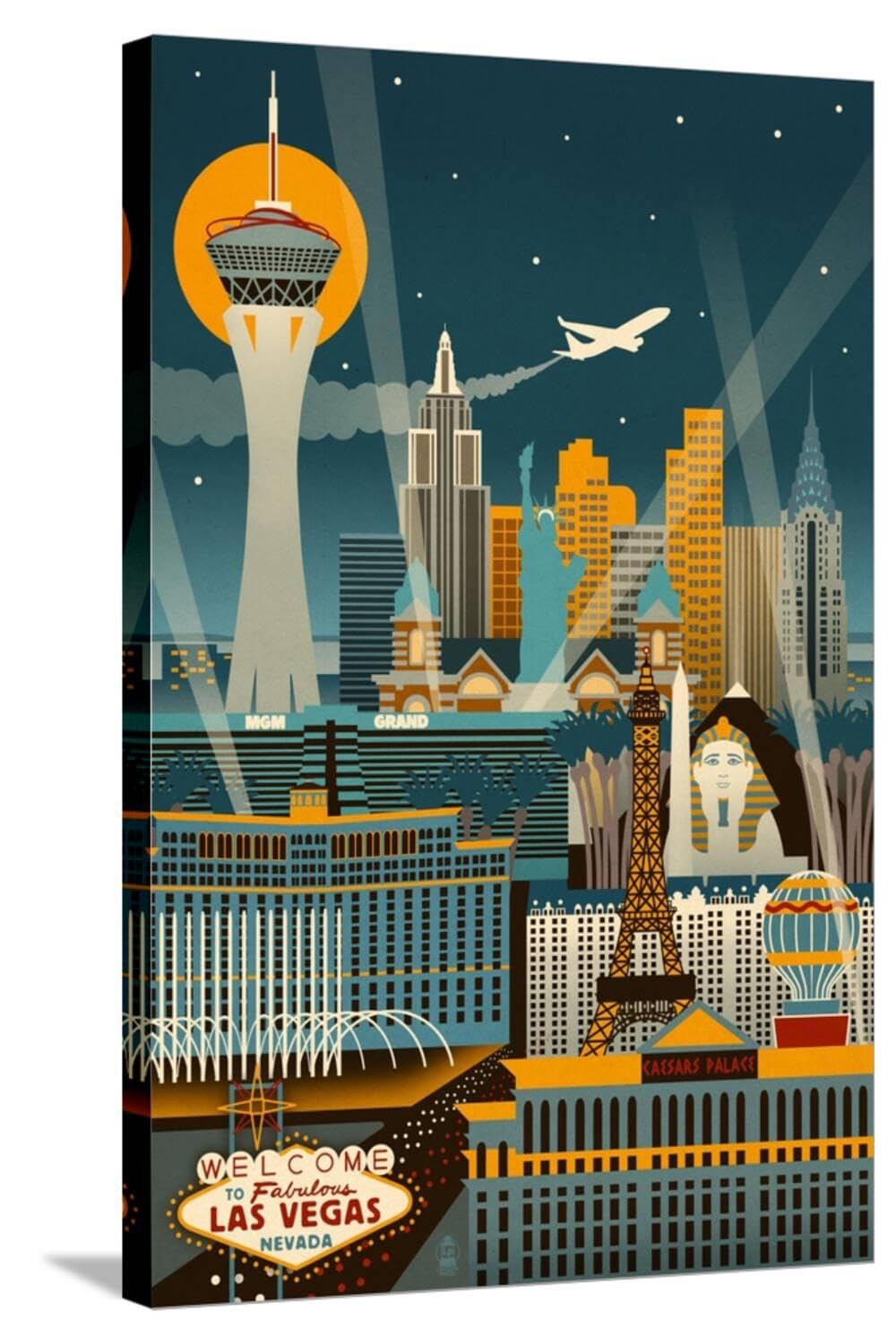 ART.COM Stretched Canvas Print Las Vegas, Nevada - Retro Skyline (no text) by Lantern Press, 24" x 36"