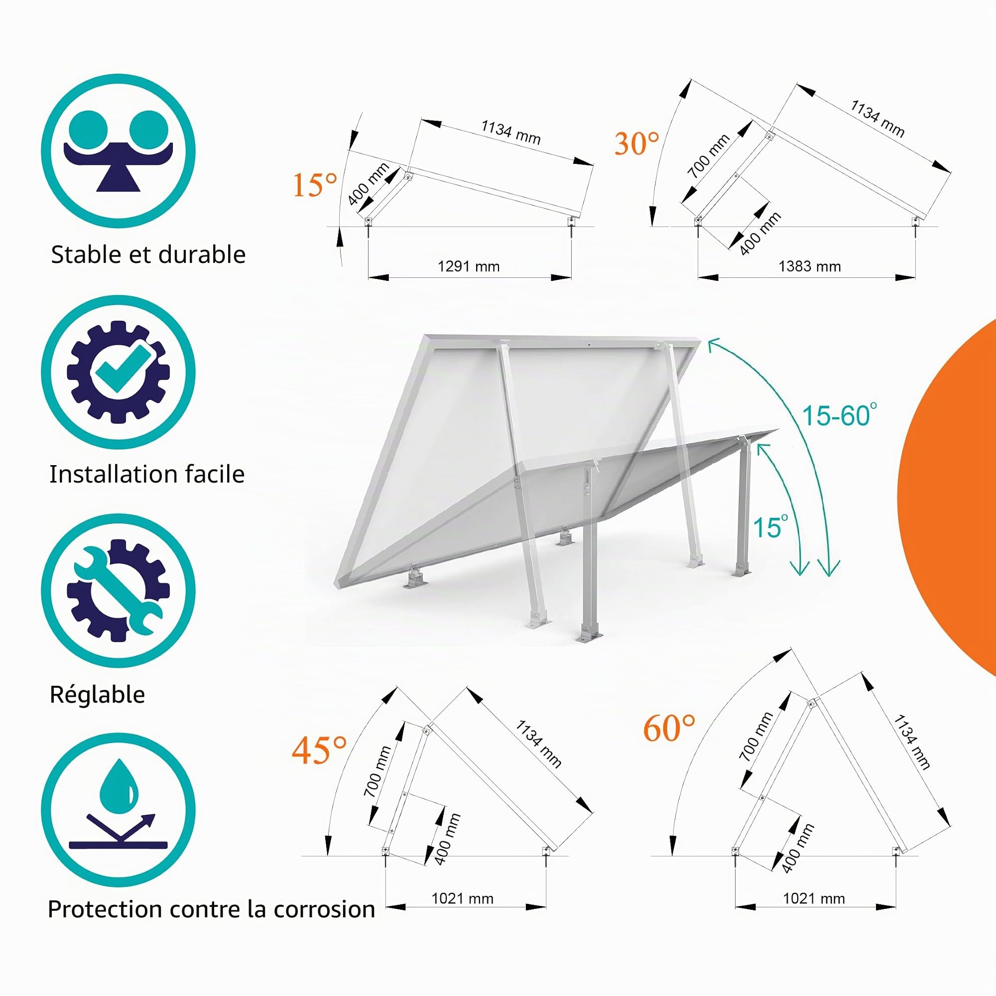 Lot de 2 supports de panneau solaire pour centrale de balcon, toit plat (15-60 °), angle réglable, 50 à 100 cm, support de centrale de balcon, toit plat, toit en tuiles et mur, support de