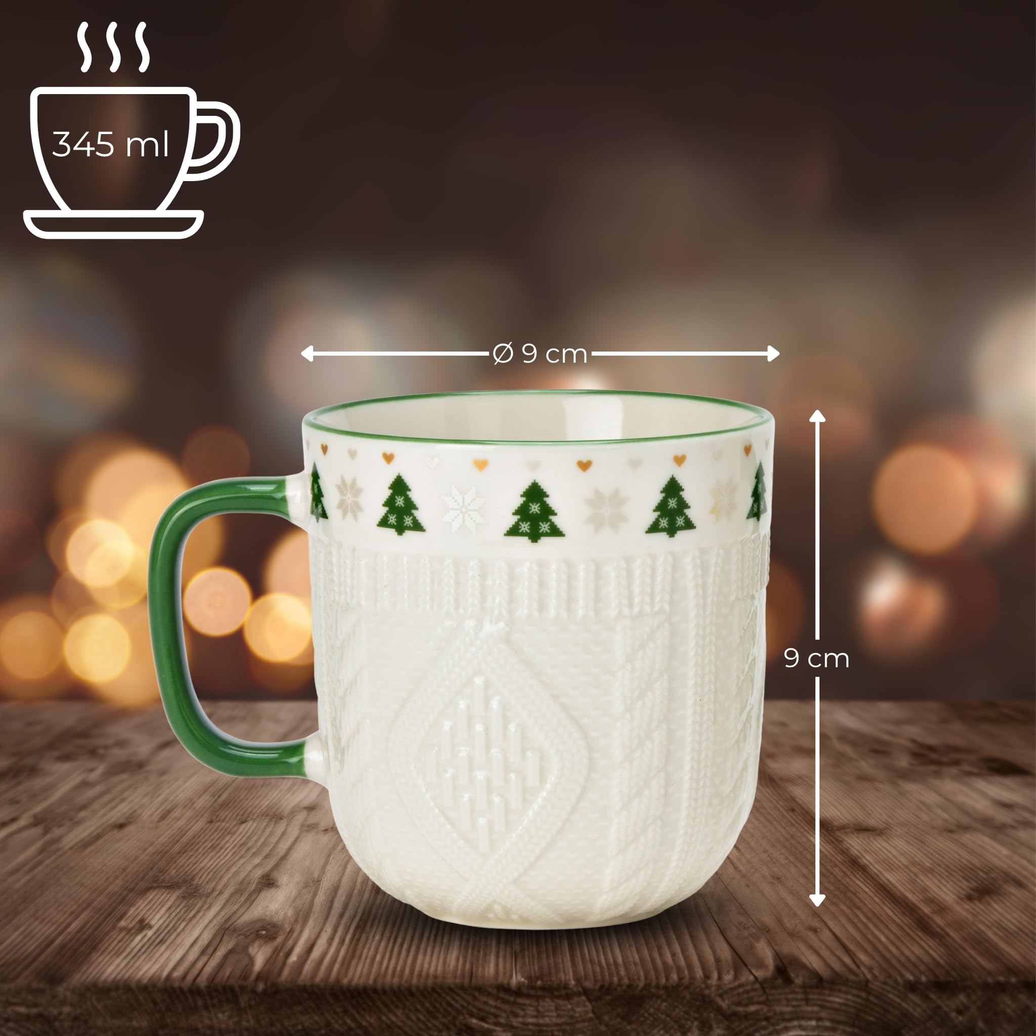 Kaffeetassen 36er Set weiß mit grünem Henkel - Weihnachts-Tassen mit Strickmuster Porzellan 345 ml