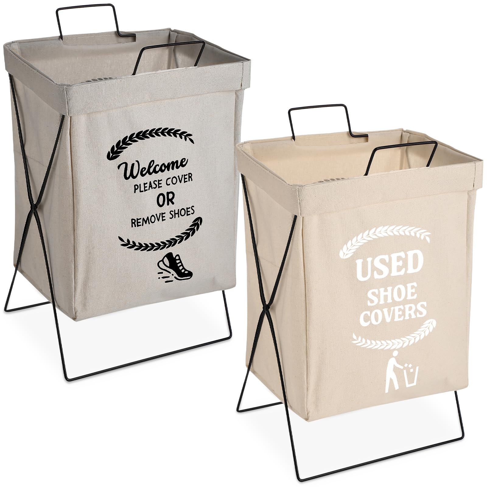 DoubleFill 2 Pcs Shoe Cover Boxes Foldable Storage Baskets for Disposable Shoe Booties, Welcome Please or Remove Sign Socks Storage Bins for Open House Supplies, 20.5 x 11.4 Inches