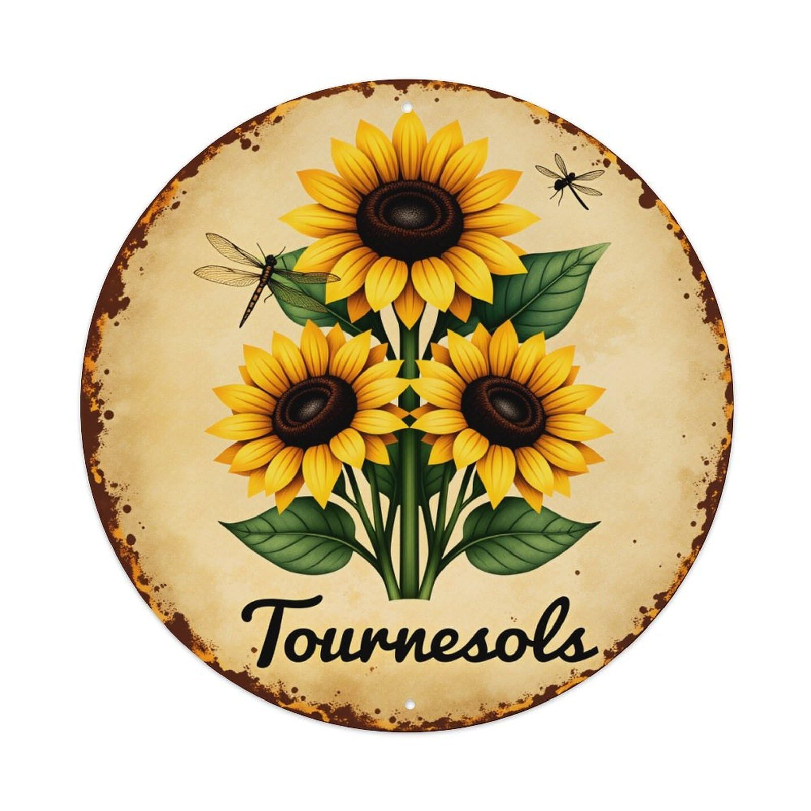 Sunflowers Dragonflies Leaves Stem Text Vintage Metal Tin Sign Retro Wall Decor for Home Bar Garage Cafe, Indoor & Outdoor Decorative，circle Metal Poster, 8x8 Inch