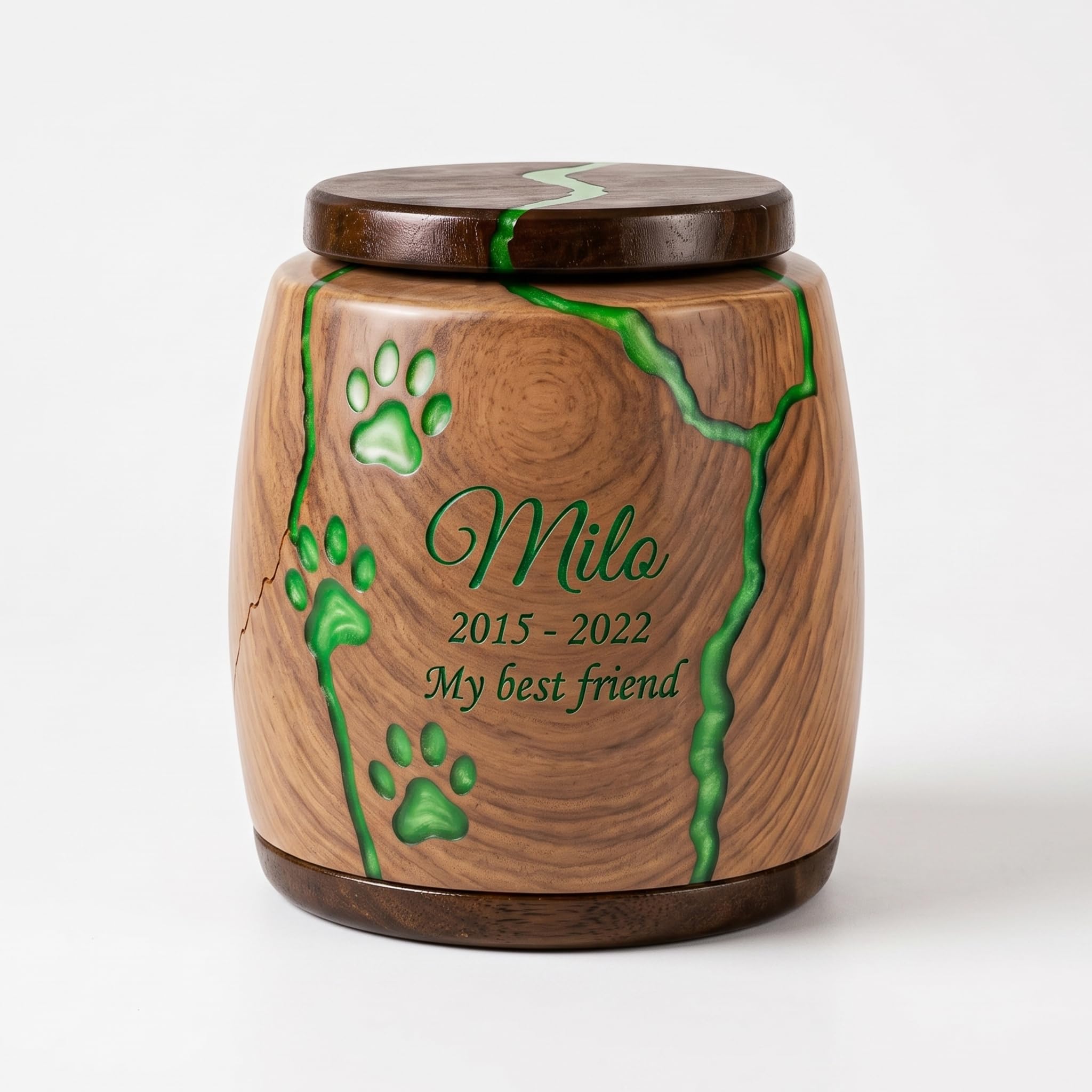 Personalized Pet Urn - Handcrafted Solid Wood Dog Urn, Memorial Keepsake Urn - Resin Inaly Engraved Urns for Ashes, Cremation Urns, Funeral Urn (Green)