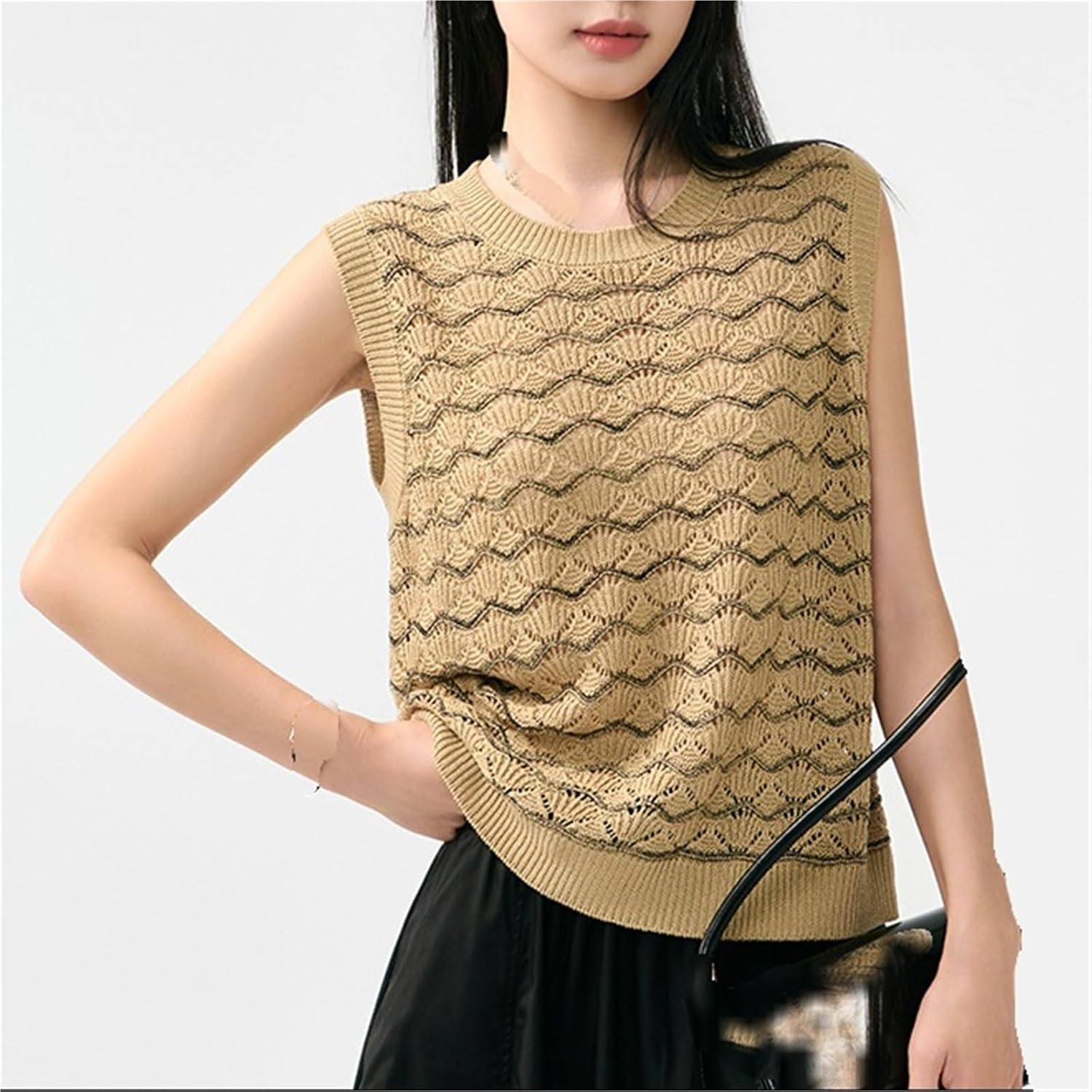 [売店] 女性用クロシェベスト、ノースリーブブラウス、オープンニットウエストコートトップ、夏休みコーデ