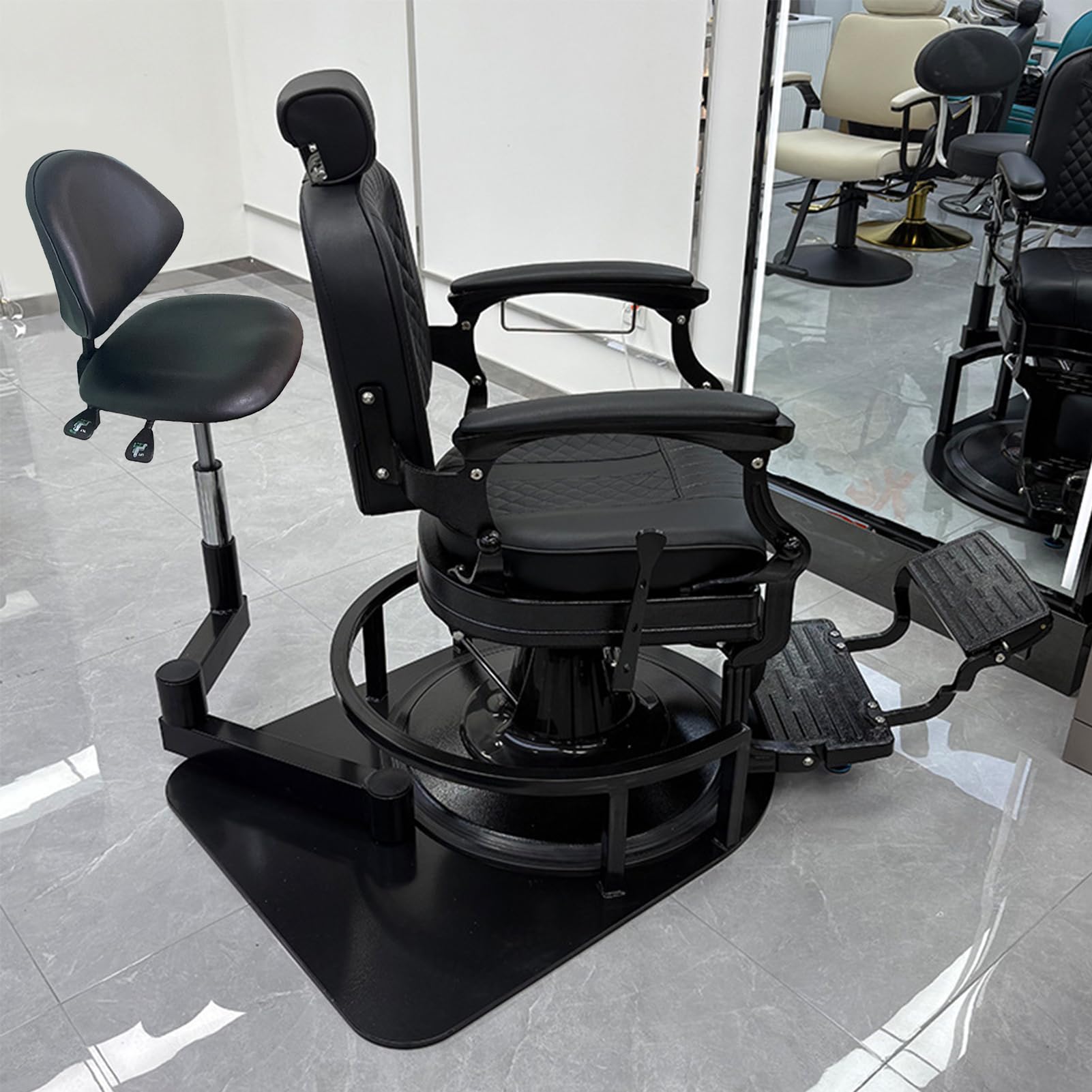 Professioneller 360° drehbarer Friseurstuhl, Drehstuhl für Friseursalon, Techniker, Sitz kann angehoben und angepasst werden, modernes Design, schwarzes Aussehen
