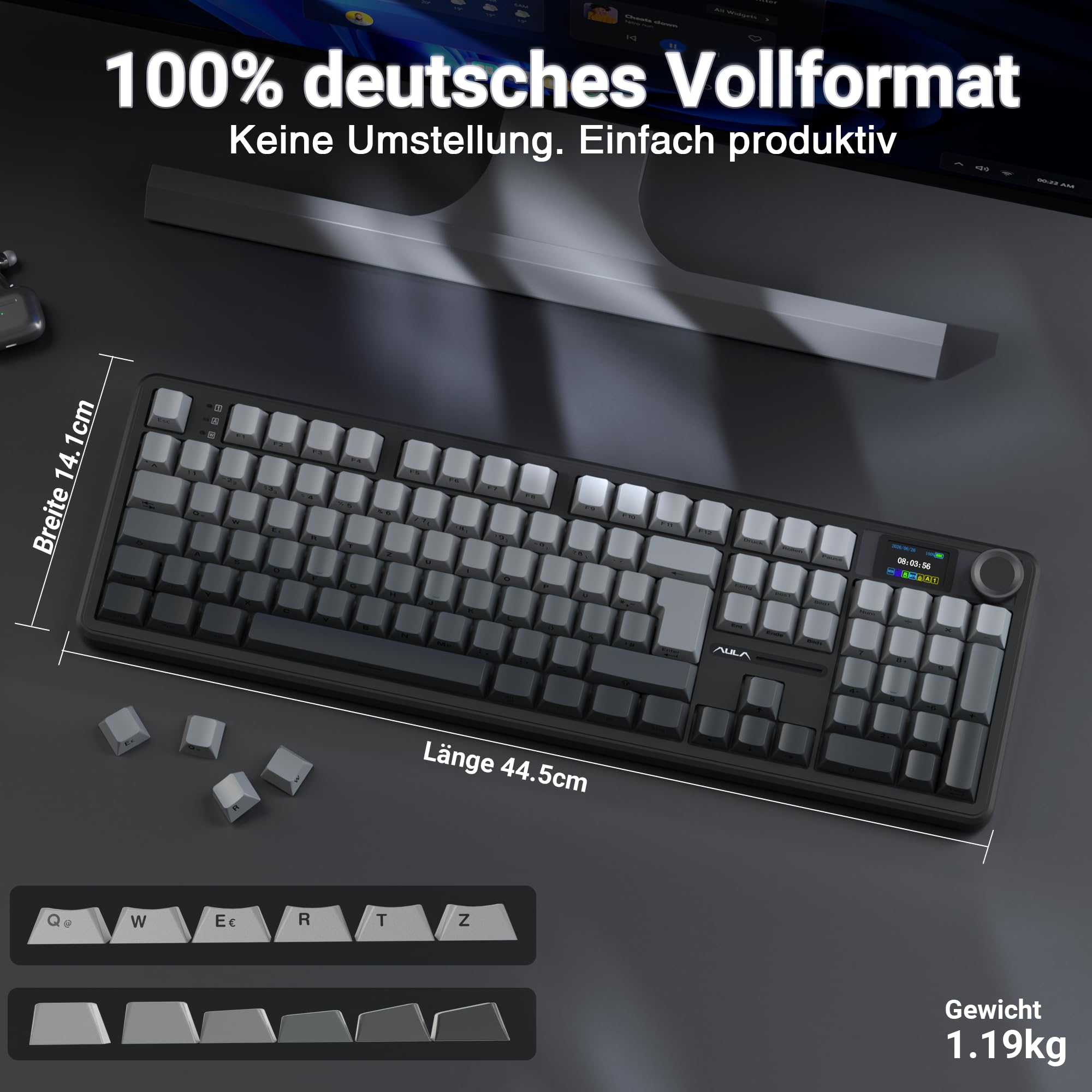 AULA F108 Pro Mechanische Tastatur QWERTZ,3-Modus(Kabel/2,4G/Bluetooth),Gasket-Struktur,Hot-Swap-fähig,LCD-Display & Drehknopf,RGB,8000mAh,100% deutsches Vollformat-für PC,Mac&Tablet (Grau)