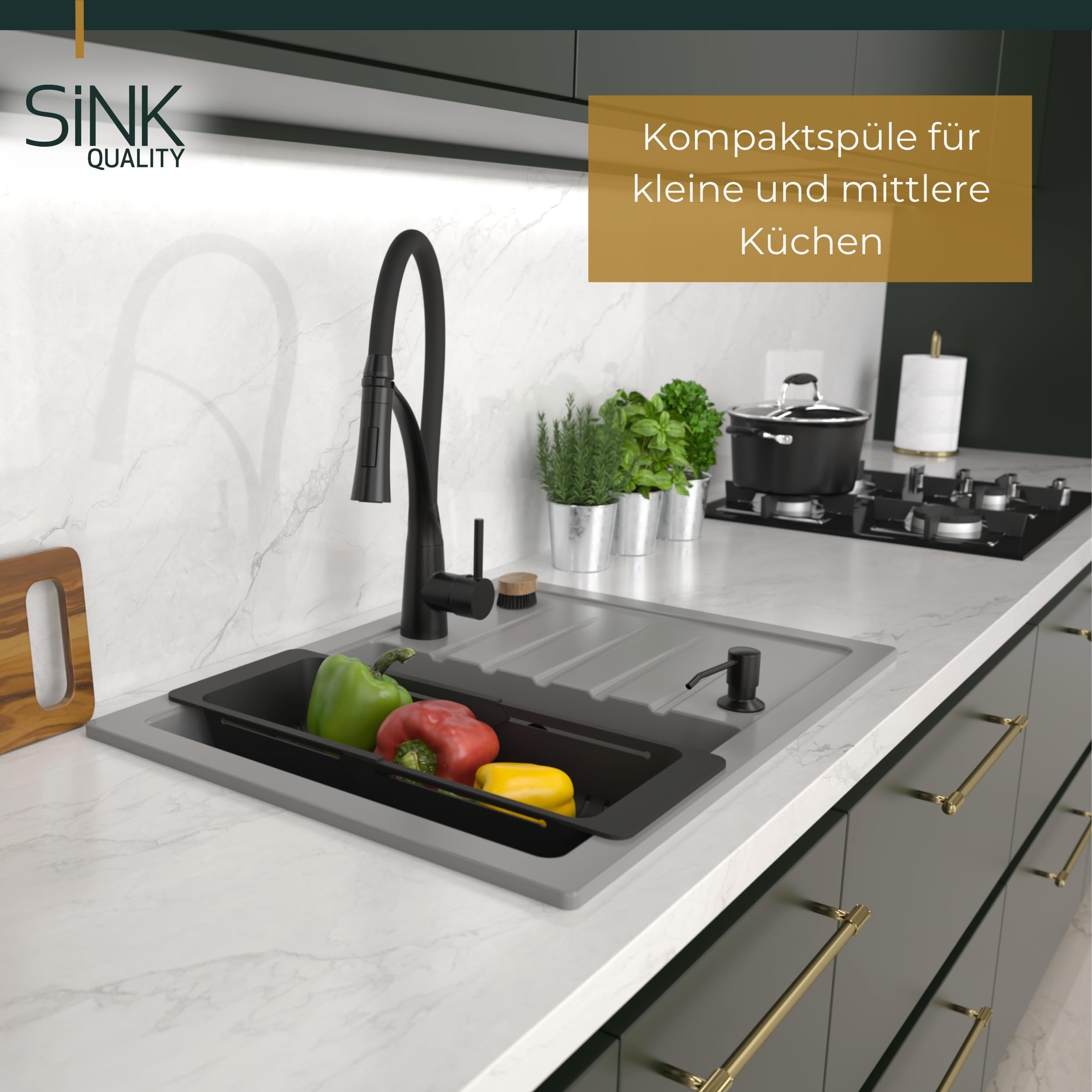 SINK Quality zlewozmywak szary z zestawem armatury 68 x 49,5 cm – zlewozmywak z kranem, syfonem Push i środkiem impregnującym – kompletny zestaw do szafki pod umywalkę z 45