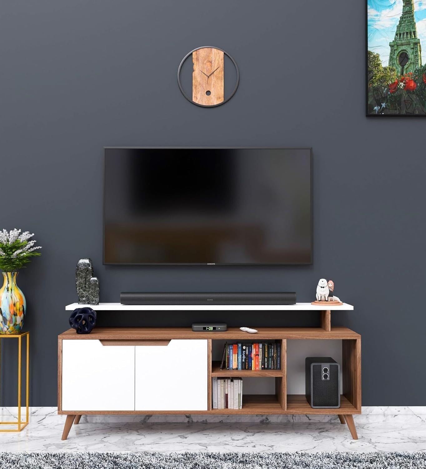 Spyder Craft Matte Finish Engineered Wood Rhodium TV Entertainment Unit TV Stand Setup Box with Wall Mounted Cabinet for Books Storage Unit-Noce Lyon & White