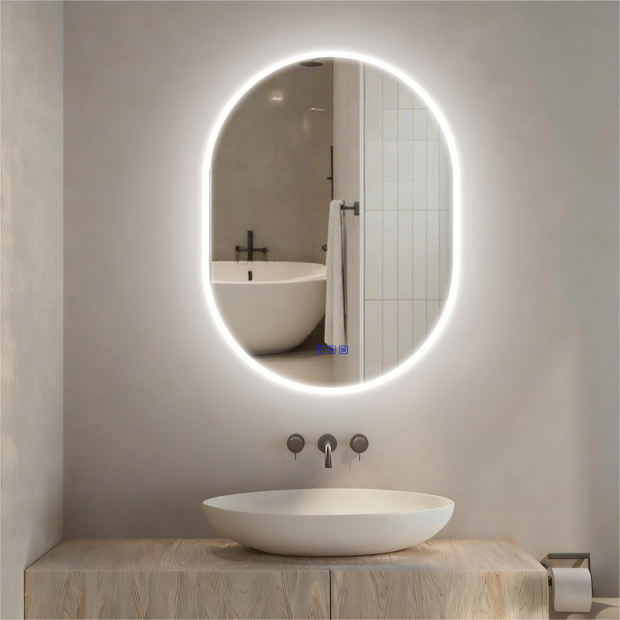 Fsoyely Oval LED Bathroom Mirror 500 x 700 mm, 3 Colour Dimmable Lights, Demister Pad, 3 Touch Switches with Bluetooth Speaker, Wall Mounted Vanity Mirror for Small Bathroom
