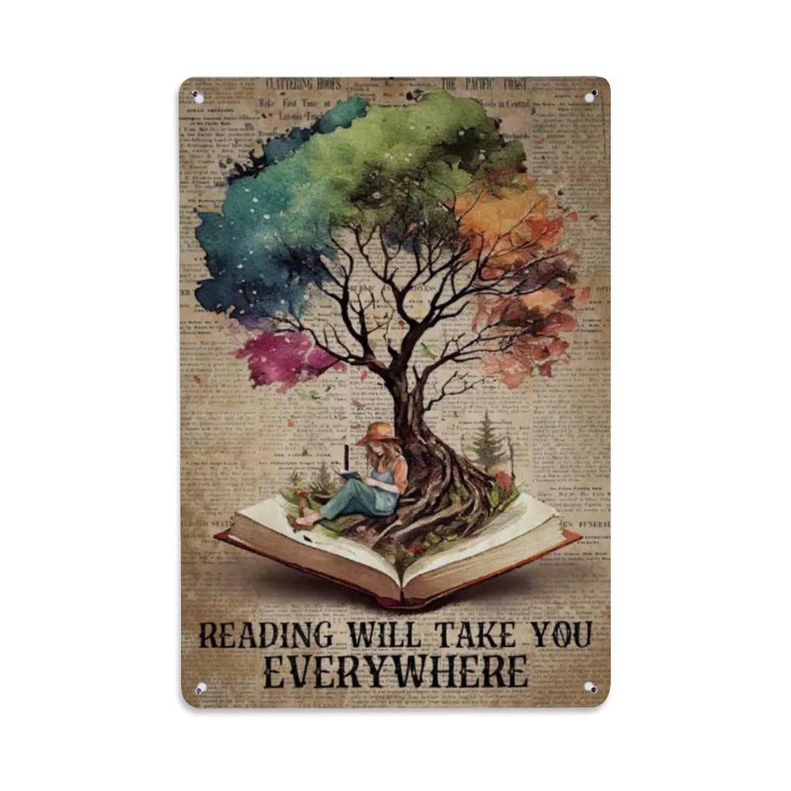 Rkundrne Vintage Reading Tree Metal Tin Sign Garden Bedroom Cafe Bar Man Cave Home Wall Decor Metal Poster 8X12 In