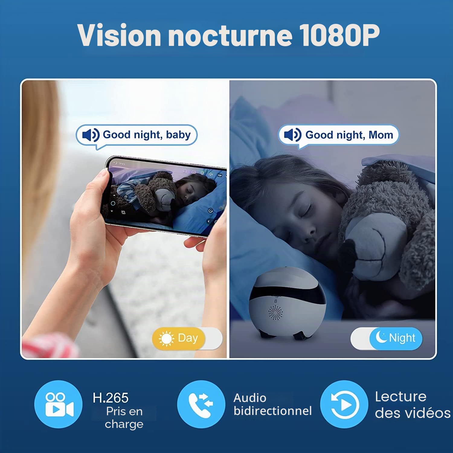 Caméra de Surveillance WiFi 1080P Intérieure Mobile,Caméra IP pour Bébés, Moniteur de Caméra pour Animaux de Compagnie,Audio Bidirectionnel,Vision Nocturne IR,Croisière Automatique,Accès à Distance