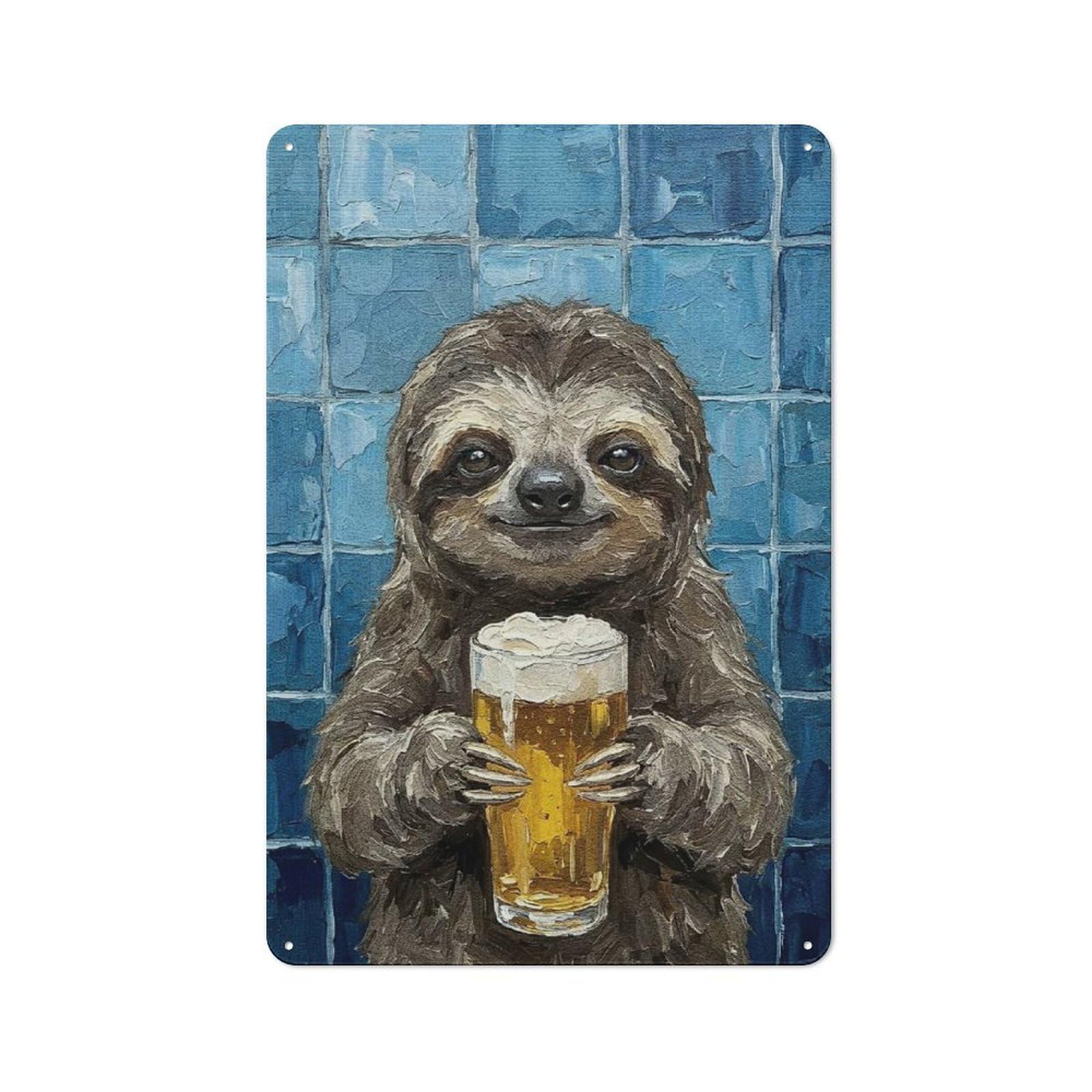 Junmoney Style-23 Old Style Sloth With Beer Painting Metal Sign 30X20cm, Bar Wall Plaque For Diner, Restaurant, Shed Or Kitchen