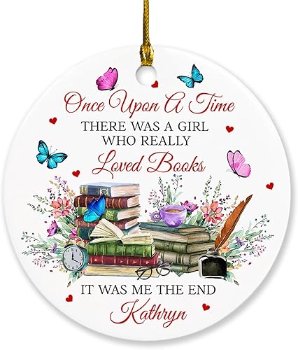 Adorno de libro floral para regalos de Navidad para niñasmujeres, con texto en inglés "There was a girl who really Loved Books", adorno de recuerdo
