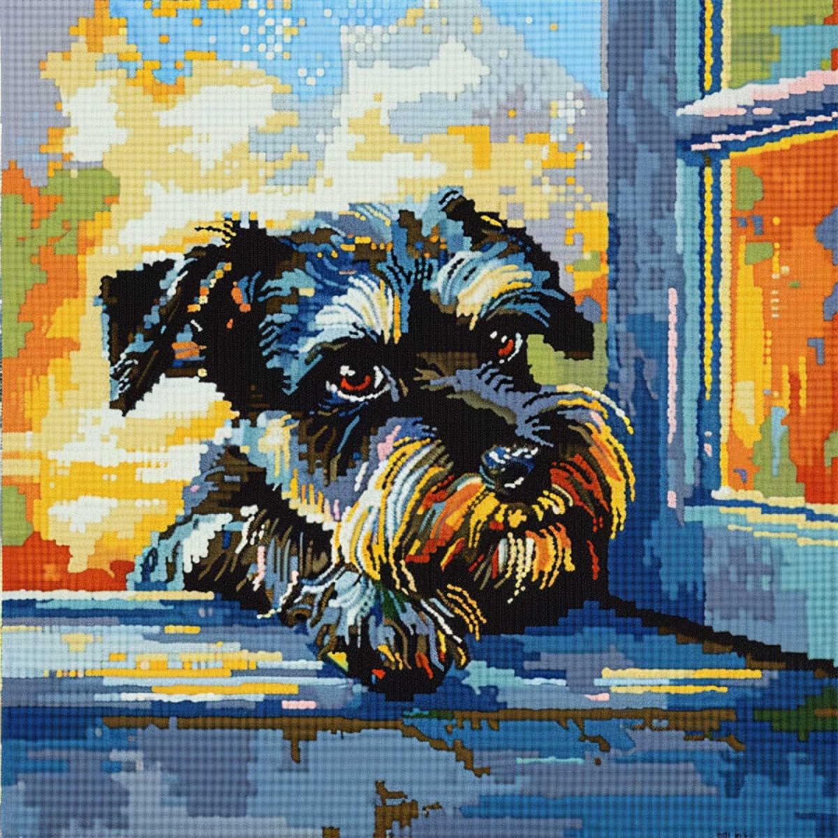 RKFLGEW DIY Latch Hook Pillow kit Schnauzer Animal Stamped Fantasy Dog Latch Hook Kits for Beginners Handmade Needlework DIY Throw Pillow Crafts Home Decoration 43x43cm