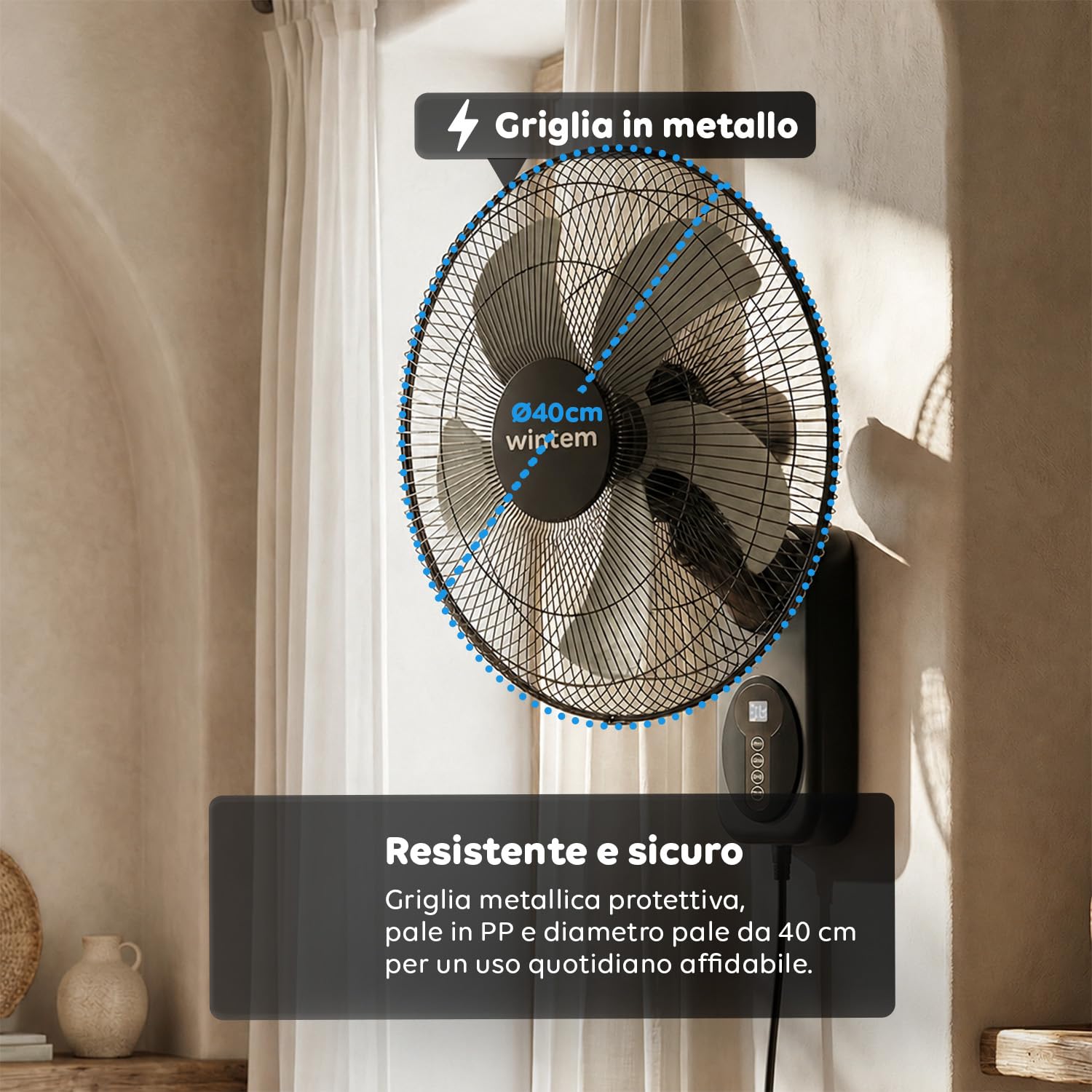Wintem - Ventilatore a Muro Professionale 60W - Sistema a 8 Velocità Ultra-Precise - Timer 9h e Controllo Remoto - Diametro 40cm - Inclinazione 30° e Oscillazione 120°