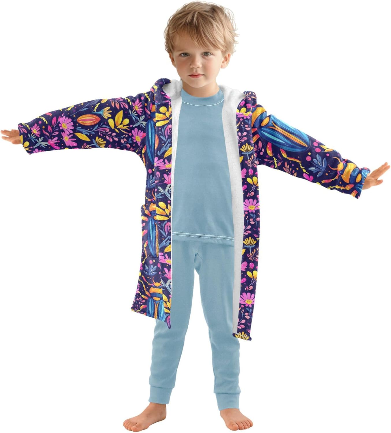 Cartoon Bug Beetle with Flowers Bathrobe Hooded PJ Robe Soft Fleece Robe Pajama Sleepwear 2-12 Years