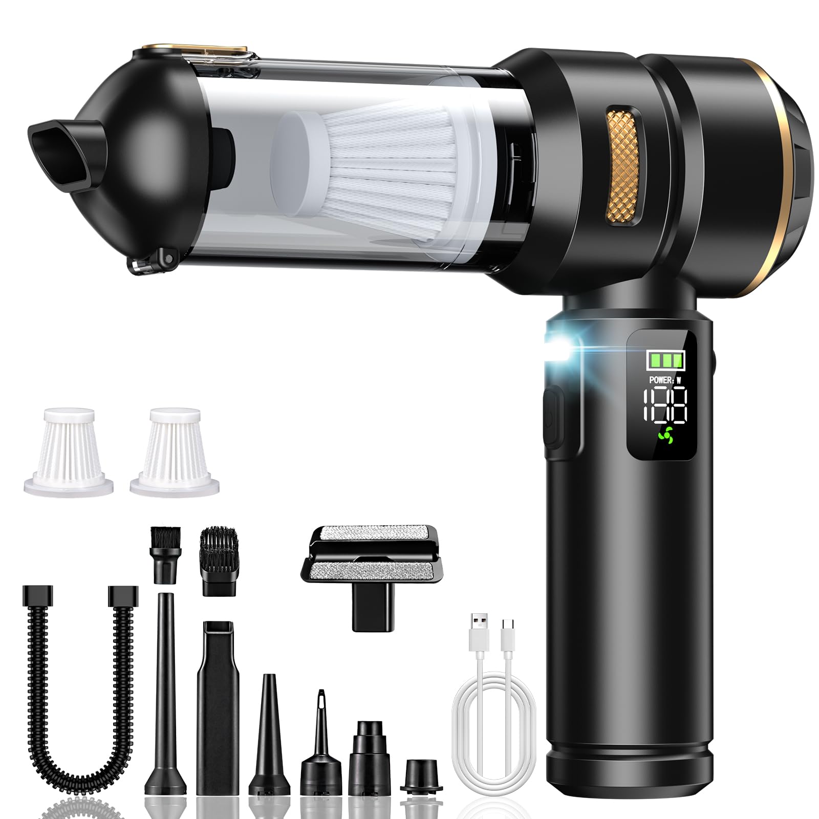 Aspirateur à Main, Aspirateur à main sans fil 4 en 1, 32000 Pa puissant aspirateur de voiture, avec écran LCD, moteur sans balais et 3 vitesses 300 000 tr/min pour voiture, bureau et poils d'animaux