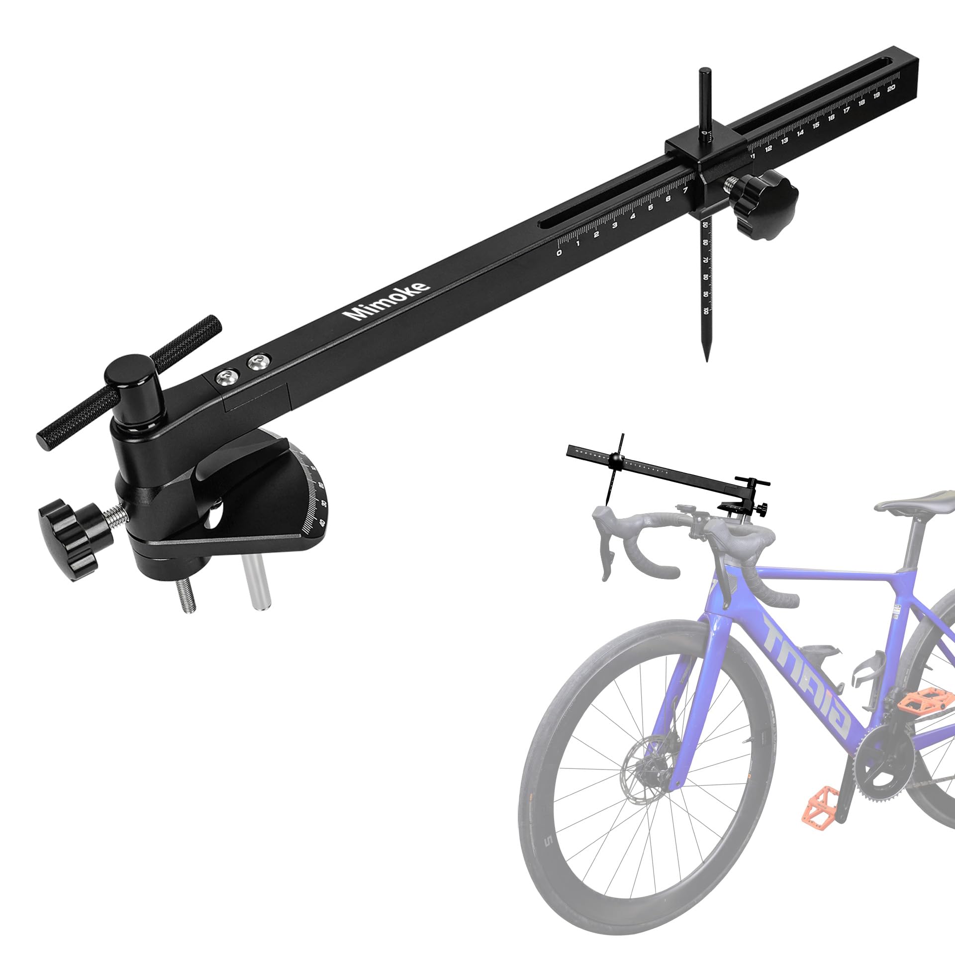 Herramienta Pro Mimoke para Ajuste palancas Freno/Cambio – Medidor ángulo Manillar, aleación Aluminio, Escala láser, Compatible manillares Carretera/Aero 340–460 mm.