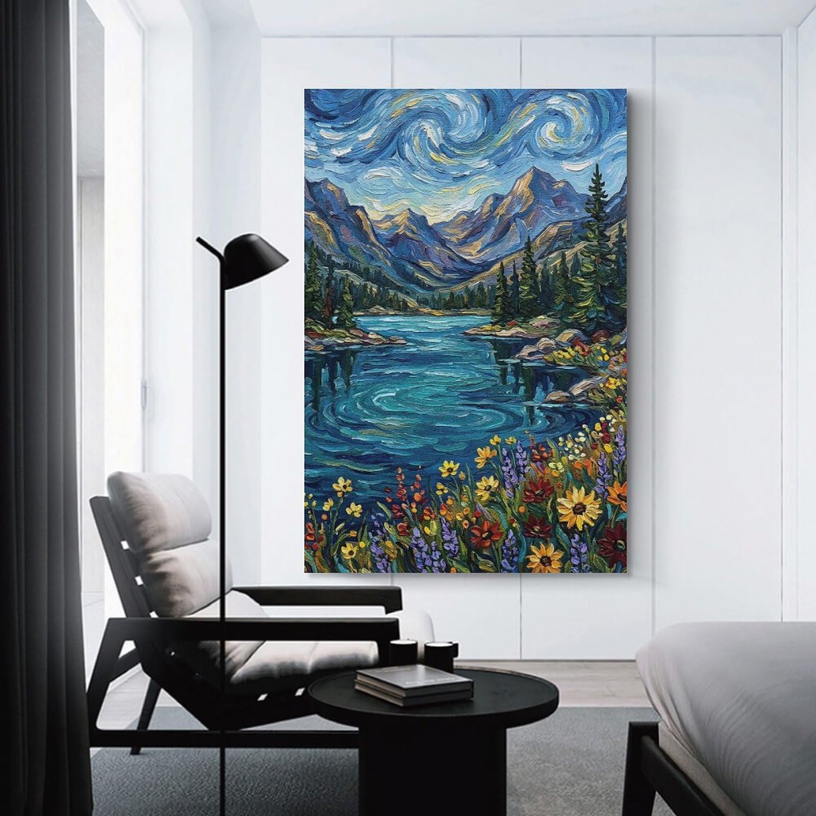 Junmoney Mountain Lake Impressionist Painting Wall Art Print, 24x36inch(60x90cm), for Entryway, Lounge Links Or Small Walls, Decorative Canvas Styling for Entry Areas