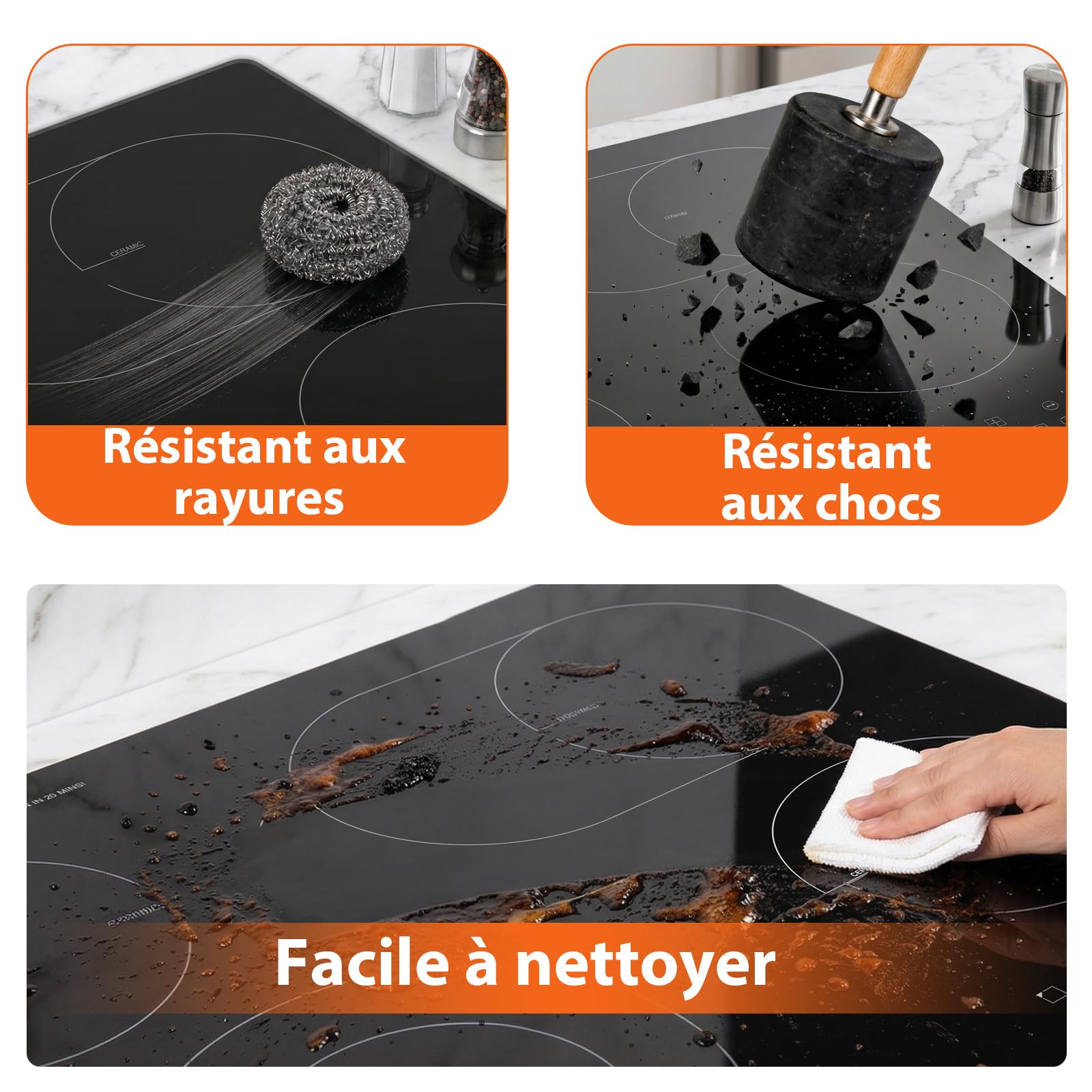Topwish Plaque vitrocéramique 4 feux, plaque de cuisson vitrocéramique encastrable, plaque de cuisson electrique, tables de cuisson 60cm avec double zone extensible, verrou de sécurité, 6600W