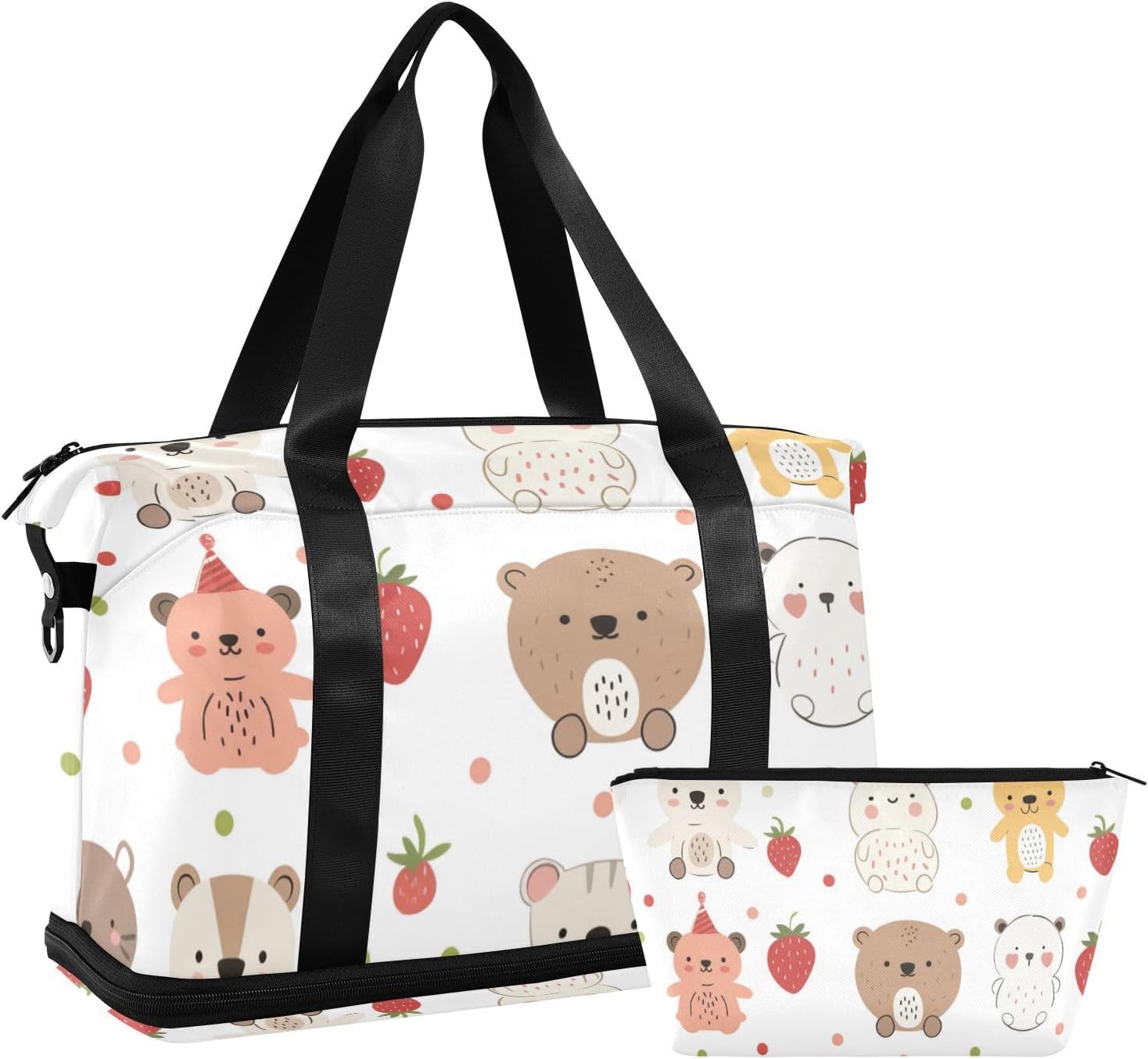 Cute Cartoon Bear Sports Tote Gym Bag Gym Sports Carry with Toiletry Bag for Hiking Large Capacity