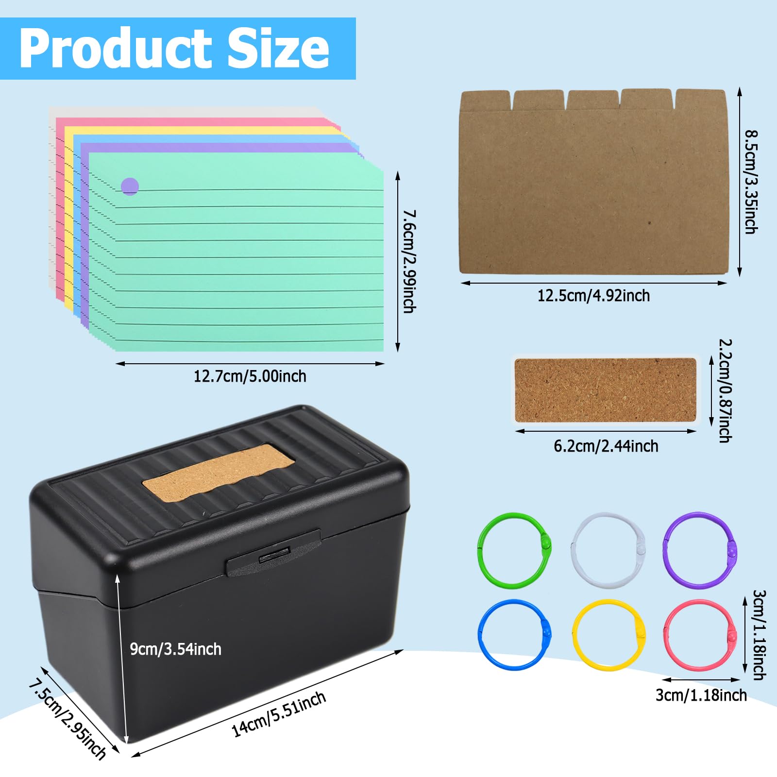 Kit de Boîte à Fiches 313 Pièces avec Boîte Noire, 300 Fiches, 5 Intercalaires