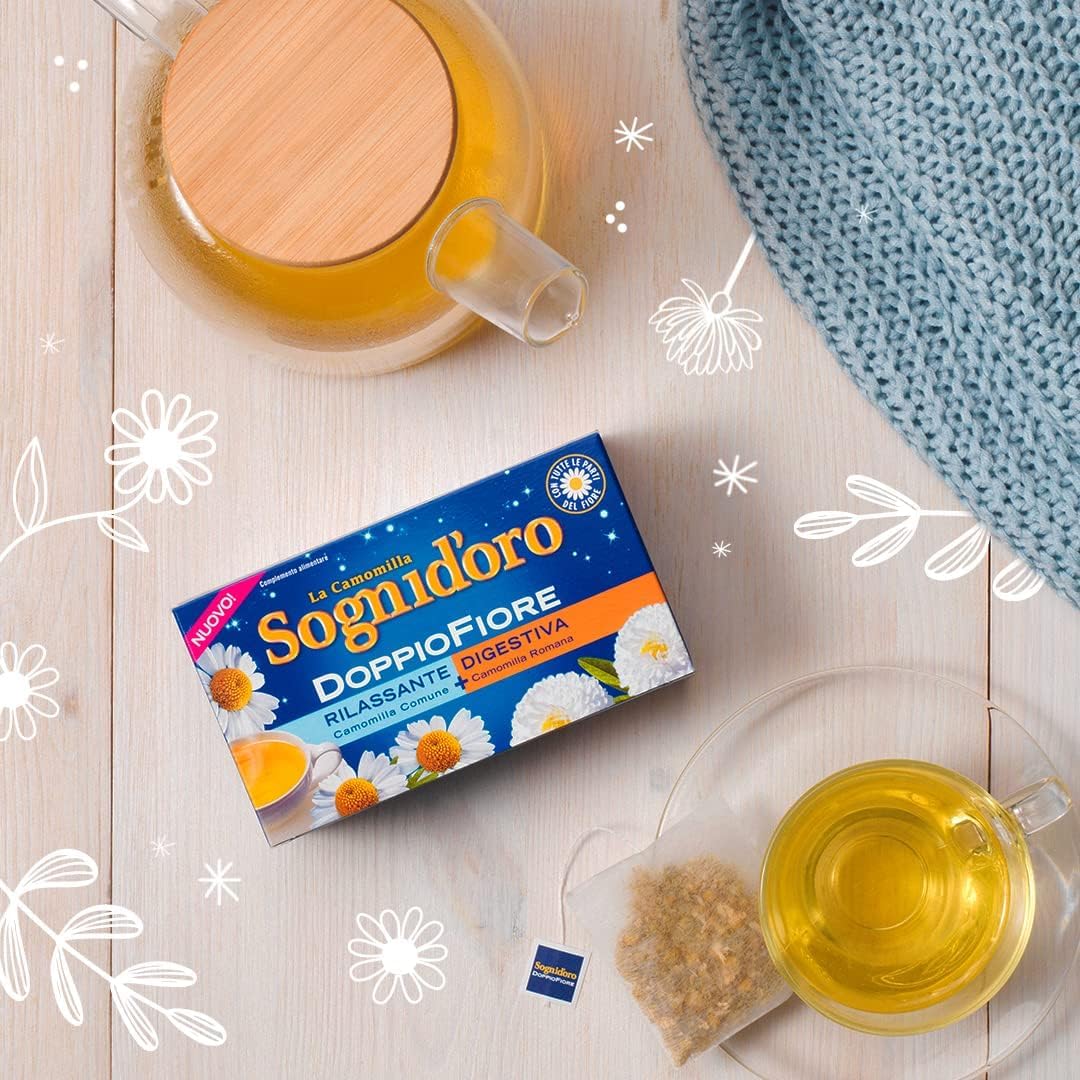 Italian Gourmet Sogni d'oro Camomilla Doppio Fiore 12 x 25,2g, Kräutertee | Infuso senza caffeina; entspannende Filterbeutel nach dem Essen oder, Gesamtnettogewicht 302,4 g + Kostenlos Polpa 400g