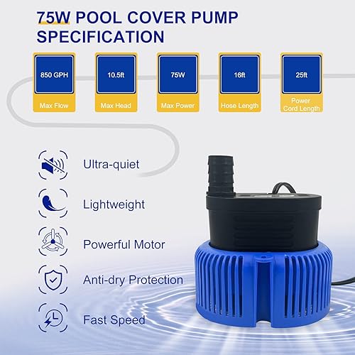 Miniatura 4 de Bomba de cubierta de piscina sobre el suelo, bombas de agua eléctricas sumergibles con manguera de drenaje de 16 pies, cable de alimentación extra