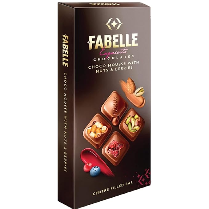 Fabelle Milk Choco Mousse with Nuts and Berries Bar, Centre-Filled Luxury Bar with Visibly Topped Nuts & Berries, 121g at Rs. 346