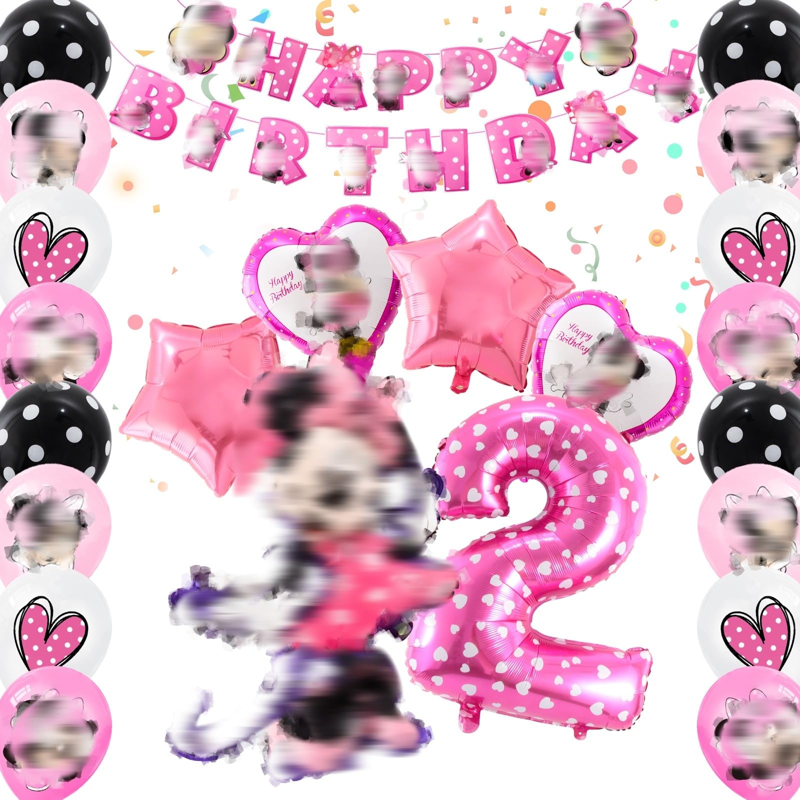 Mouse Birthday Decorations 23 PCS, Mouse Party Decorations with Happy Birthday Banner, Balloons, 2nd Birth day Decorations for Girls Themed Party Decorations, Pink Birth-day Decorations