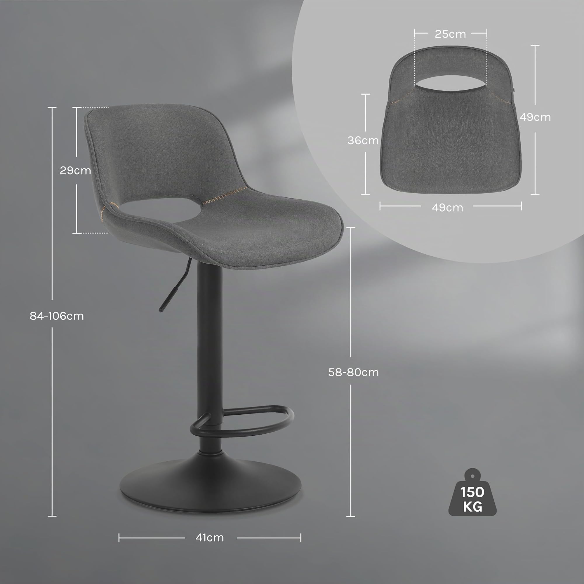 WOLTU Barhocker 2er Set, höhenverstellbar, mit Rückenlehne, Leinen, Grau | Barstuhl mit Fußstütze, Bar Hocker modern, Tresenhocker, Bistrostuhl, Drehhocker, Stuhl für Küche, Esszimmer