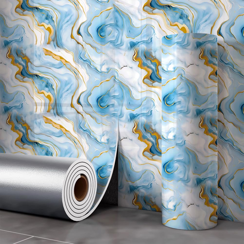 40x300cm Glossy Marble Peel and Stick Wallpaper,Waterproof Wall Sticker Waterproof Self-Adhesive Vinyl Wallpaper for Kitchen Bathroom Worktop (Blue2)