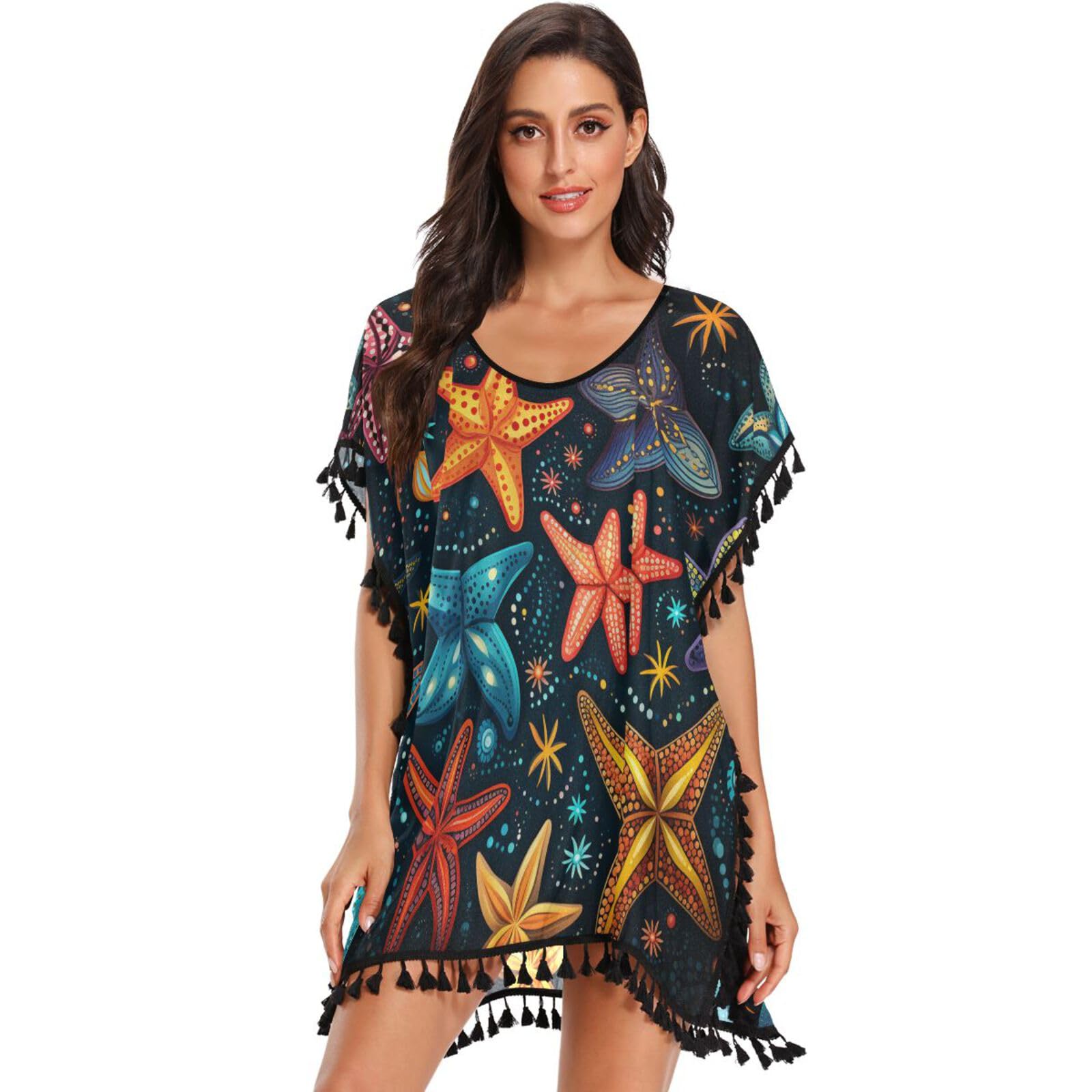 Colorful Starfish Art Women's Beach Cover Up Chiffon Tassel Swimwear Swimsuit Coverups for Girl