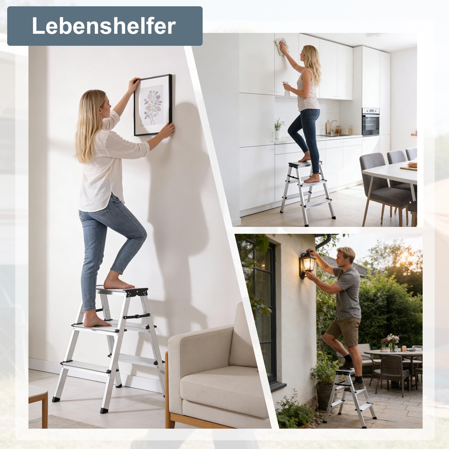 Trittleiter, Leiter mit 3 Stufen, Klapptritt, Klappsicherung, einfach zu verstauen