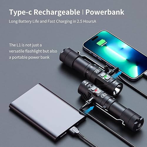 Miniatura 4 de WUBEN Linterna L1, 2000 linternas LED recargables de alto lúmenes, funciona con pilas, linterna táctica súper brillante, 6 modos IP68 impermeable