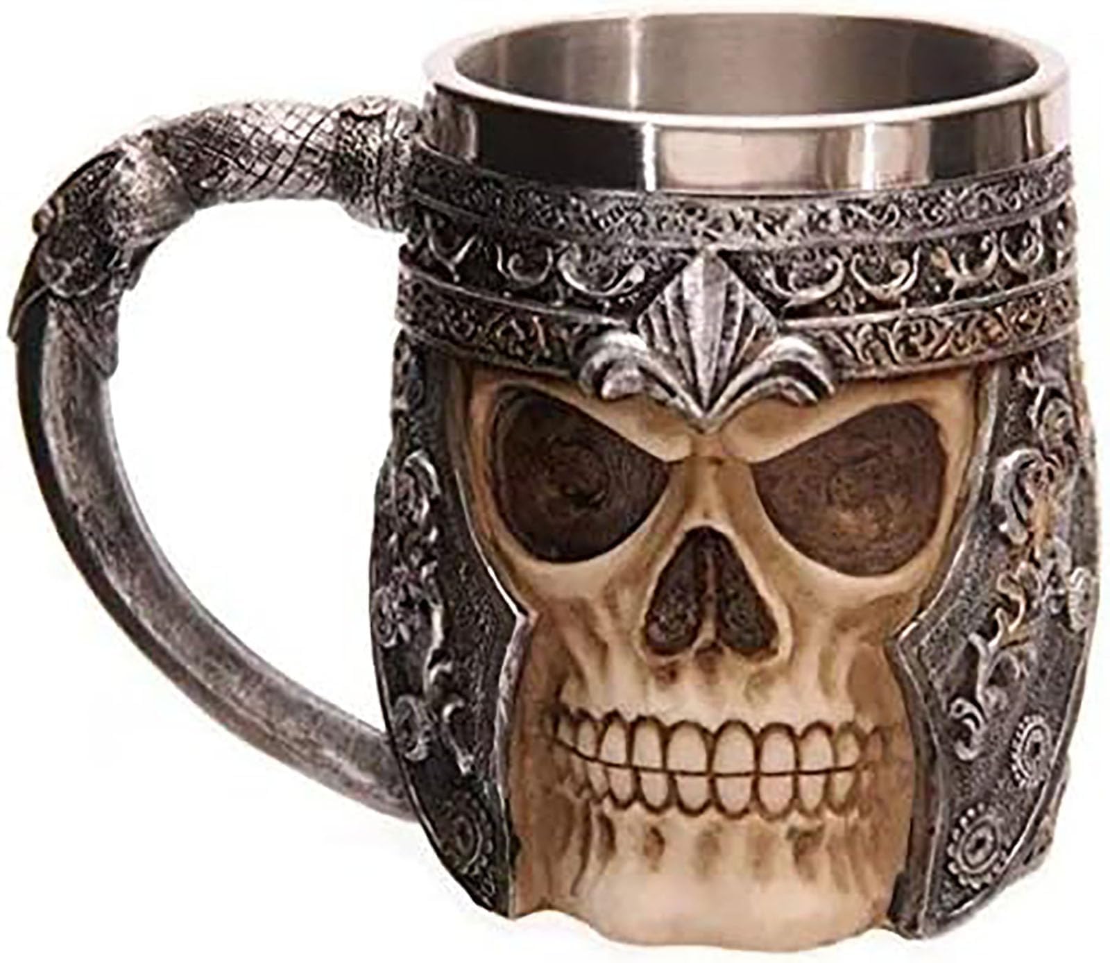 jaffiustStainless steel double-handled horn mug beer mug, Viking warrior skull mug water jug, medieval skull wine mug for coffee/drink/juice 18 oz. (coffee)