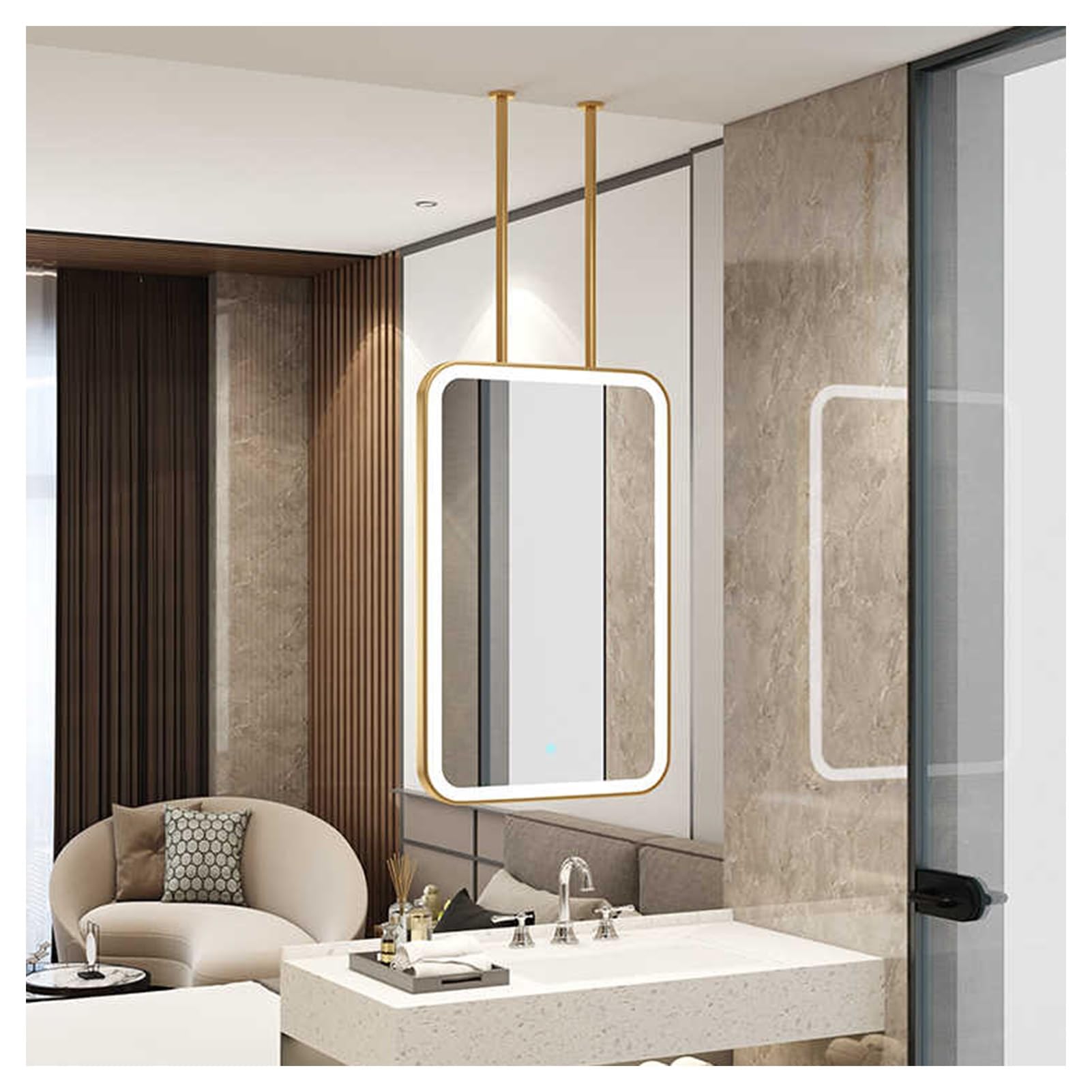 CGCSYZ Rectangular Hanging Rod Mirror Metal Frame LED Lighting Bathroom Mirror, Floating Bathroom Square Vanity Mirror, Suitable For Home Or Hotel (Gold 60x100cm)