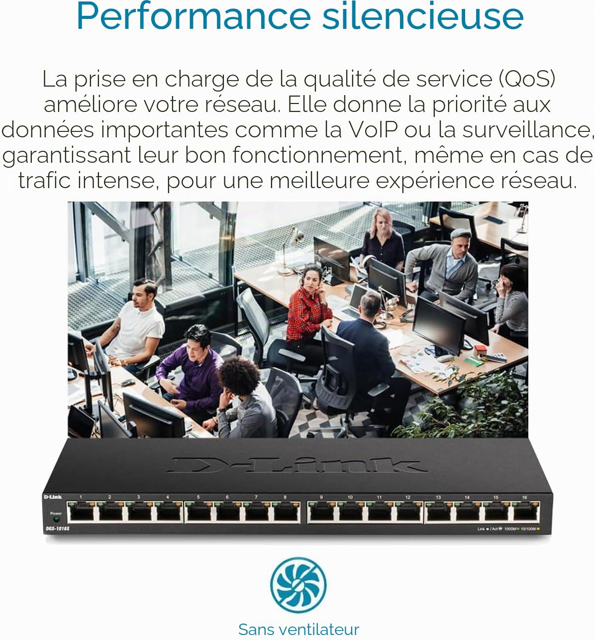 D-Link DGS-1016S Commutateur Gigabit Non géré à 16 Ports, sans Ventilateur, Profil Bas, boîtier en métal, Montage Mural/de Bureau, Plug-and-Play, QoS 802.1p, 802.3az EEE Noir DGS-1016S