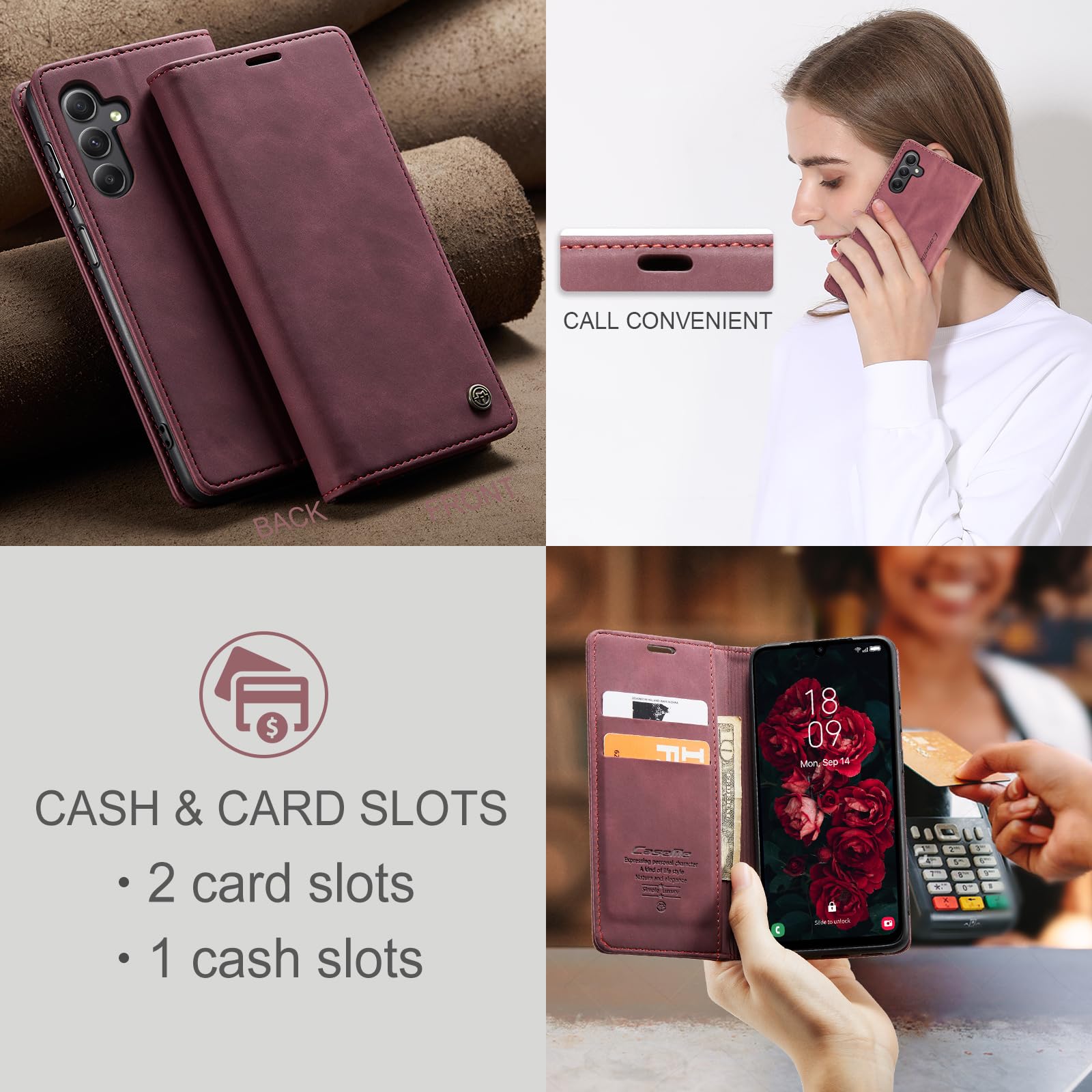 Monweicz Cover Compatibile con Samsung Galaxy A14, Custodia Portafoglio con Slot per Scheda, Protezione Completa Premium in Pelle PU, Flip Libro Magnetica Samsung Galaxy A14, Vino Rosso