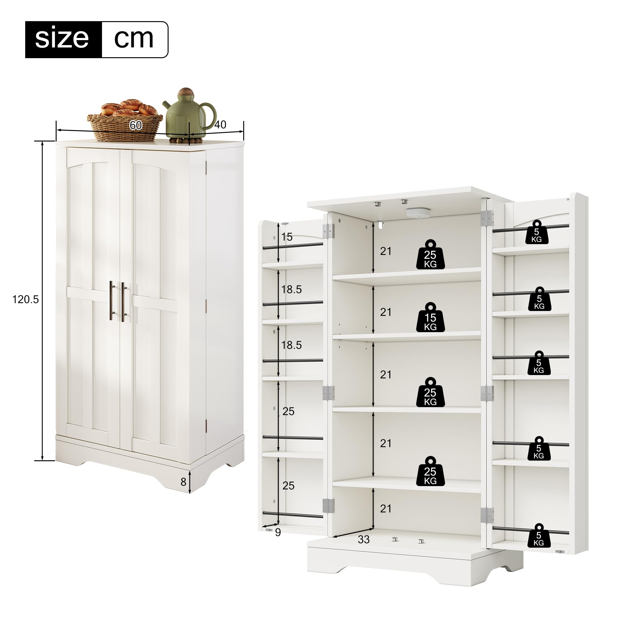 FurnitureR Küchenhochschrank, hoher Küchenschrank 60 x 40 x 120 cm, Weiß, MDF Vorratsschrank mit 2 Türen, LED-Türlicht, für Moderne Küchen, Nischen und Esszimmer, mit Kippschutz zur Wandbefestigung