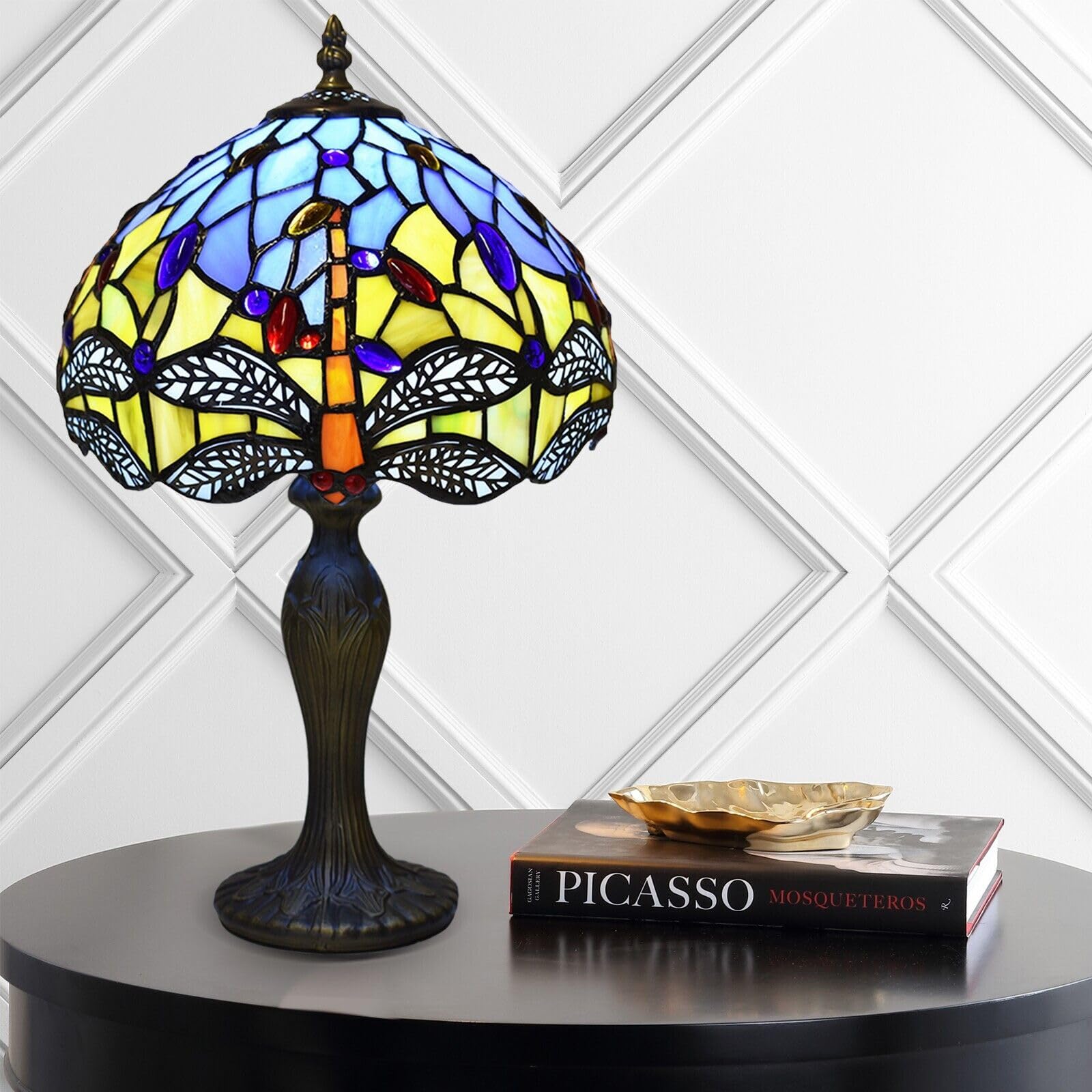 TIFFORA Tiffany Table Lamp – Stained Glass Bedside Lamp, Vintage Art Deco Desk Light for Bedroom, Living Room & Reading, 10 Inch, E27 LED Bulb Compatible Tiffany Style Lamps
